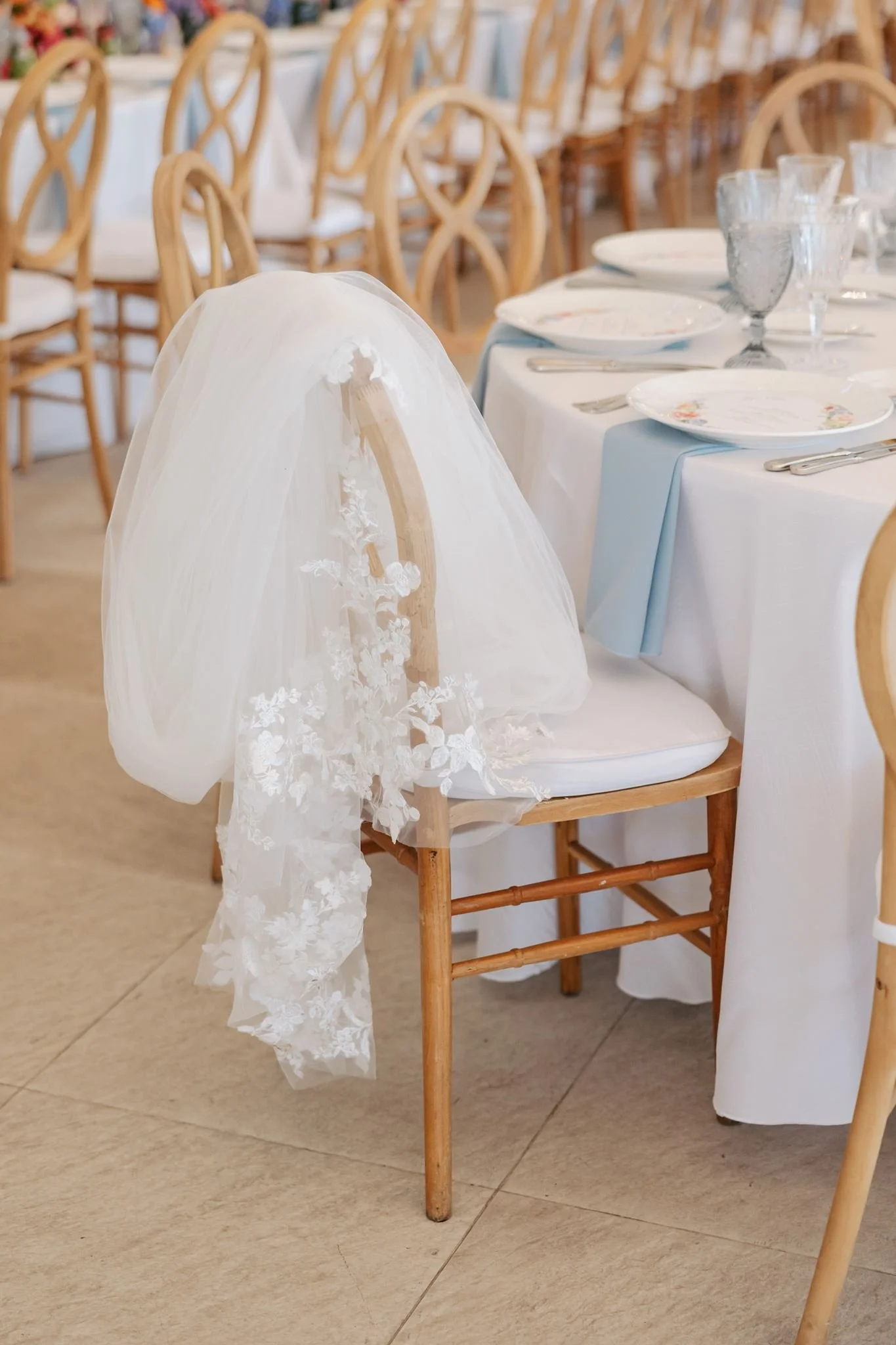 bridal veil draped over chair wedding reception details beth chapman styling
