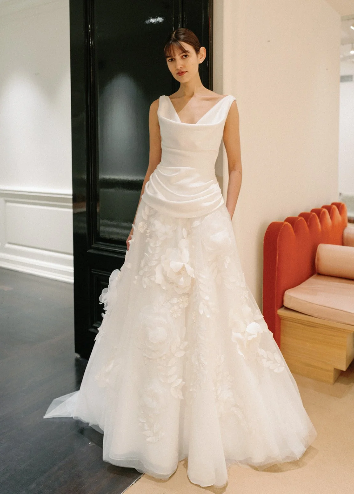 large scale floral print wedding dress by lela rose