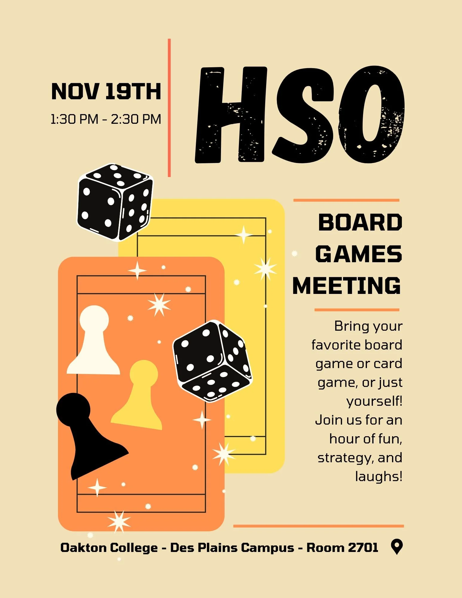 November 19, 1:30PM-2:30PM: HSO Meeting (In-Person)—Board Game Hangout!