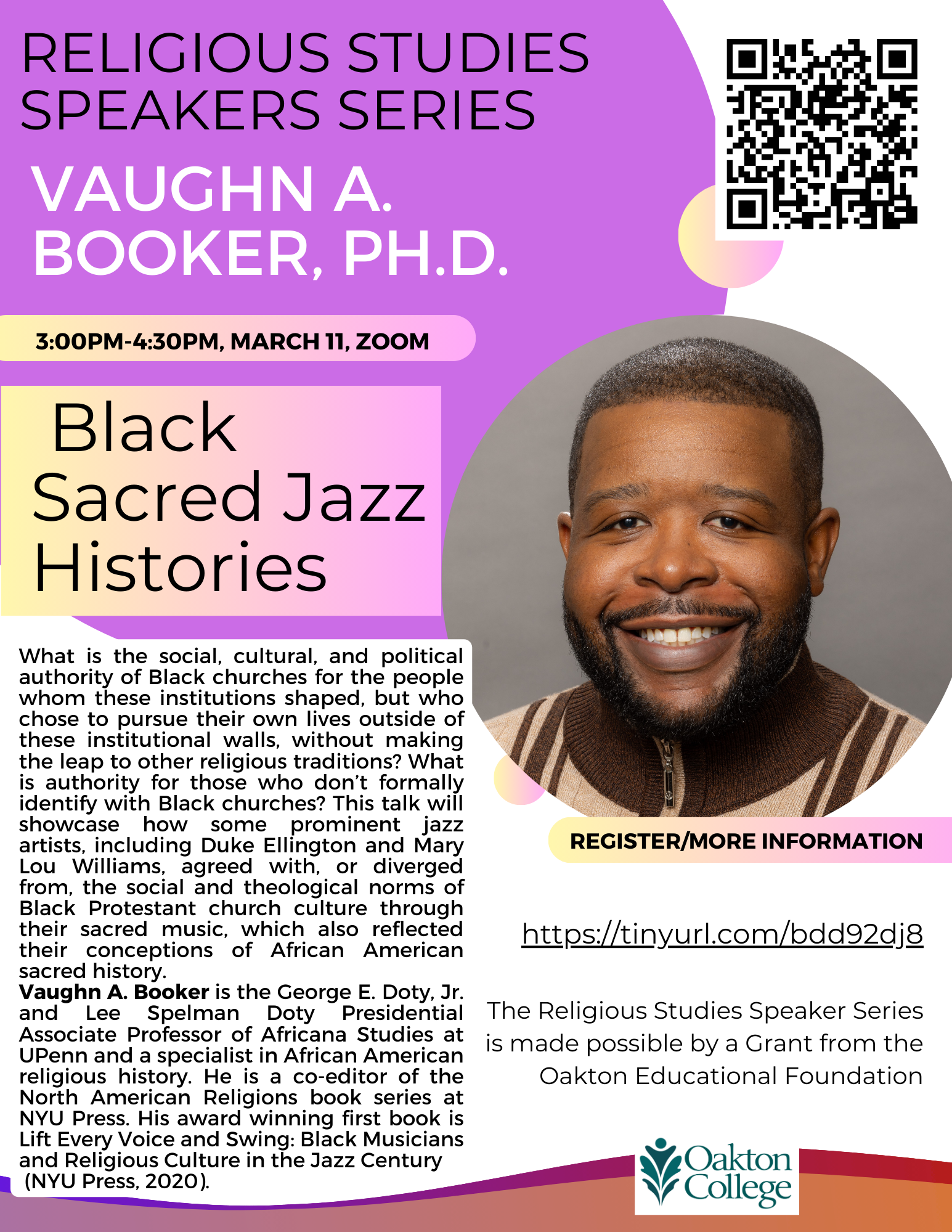 The Religious Studies Speaker Series Presents Dr. Vaughn A. Booker: “Black Sacred Jazz Histories” (3:000PM, March 11, Zoom)