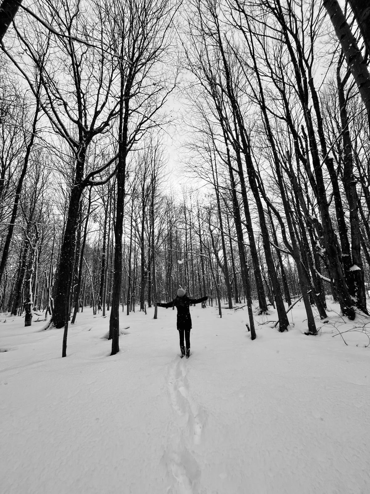A person standing in a snow-covered forest with arms outstretched.