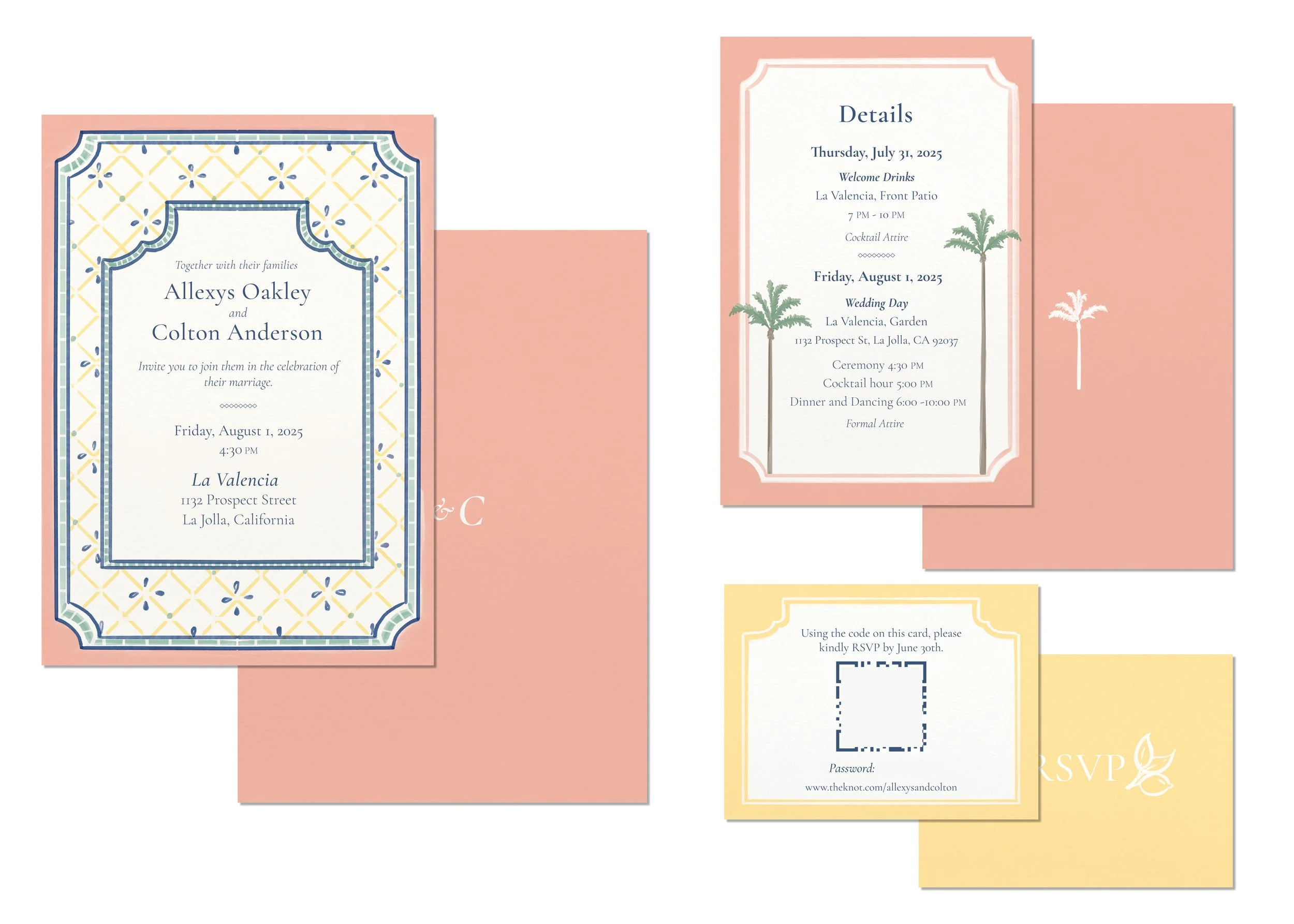La Jolla Wedding Invitation Suite | featuring illustrated designs inspired by landscape, architecture, and decor of venue, such as window shapes and intricate tiles. 