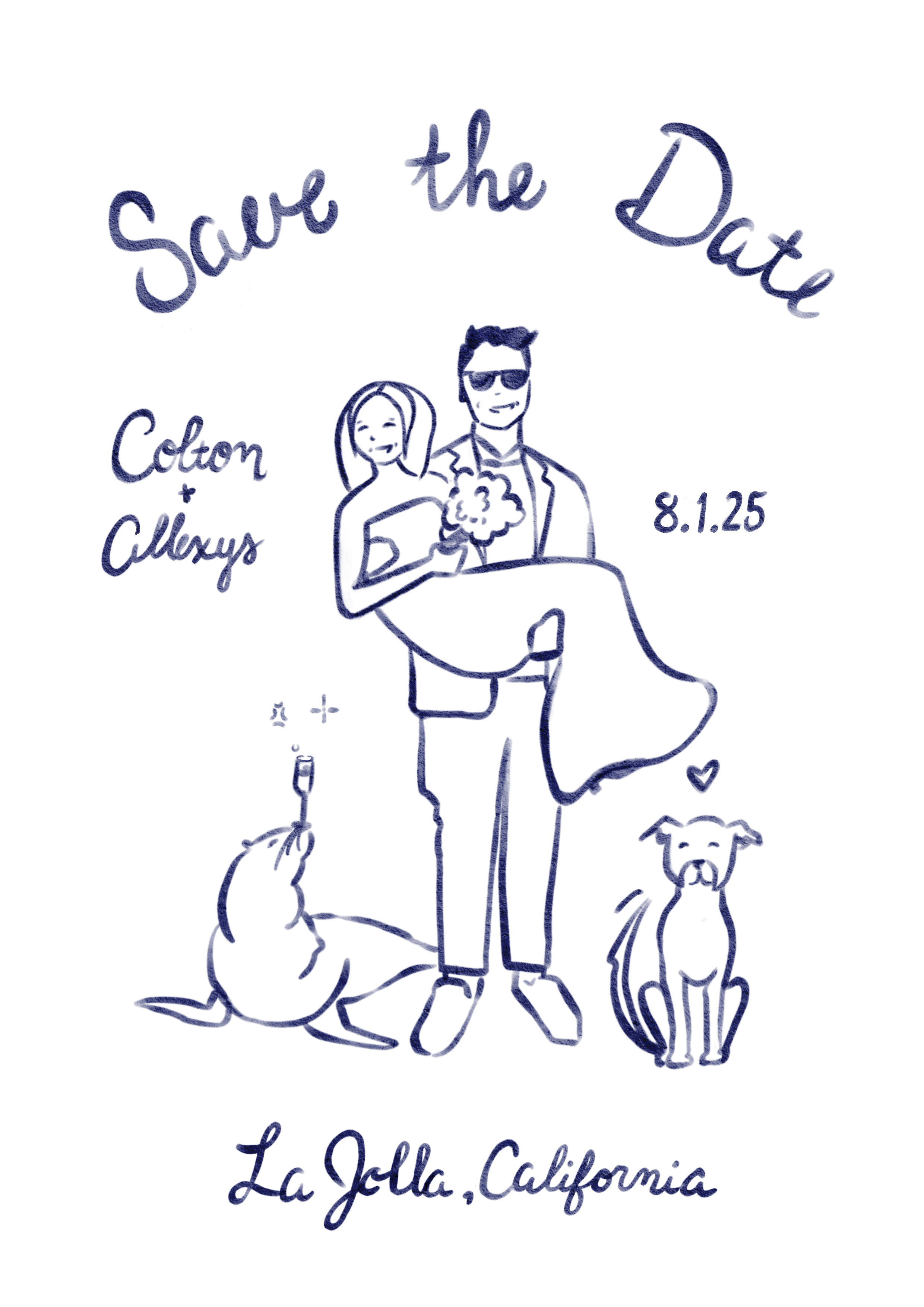 La Jolla Wedding Save the Date | custom cartoon style illustration and lettering featuring bride and groom accompanied by their dog and a La Jolla Cove seal 