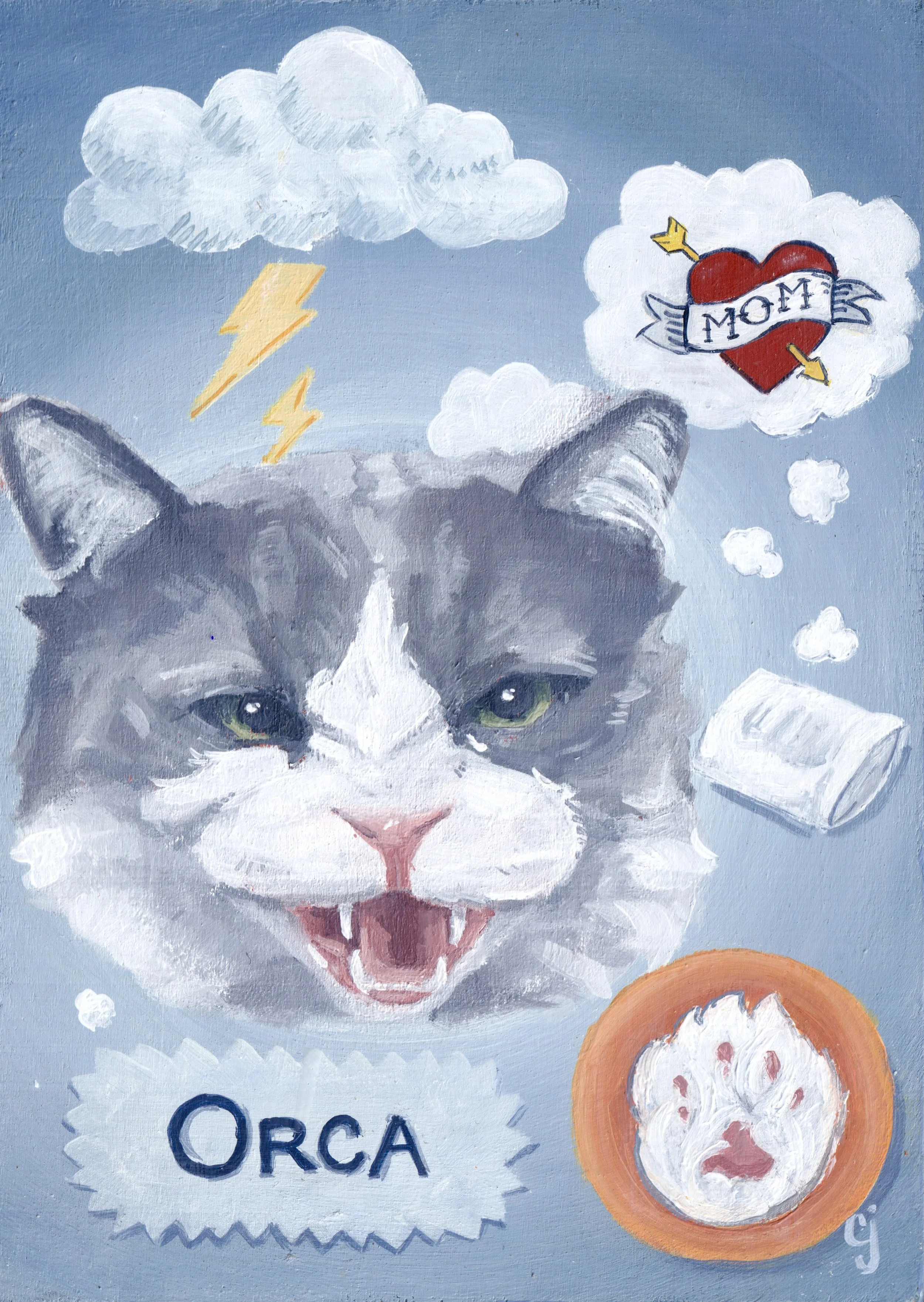 Pet portrait, Orca | acrylic on 5 x 7" cradled wood panel