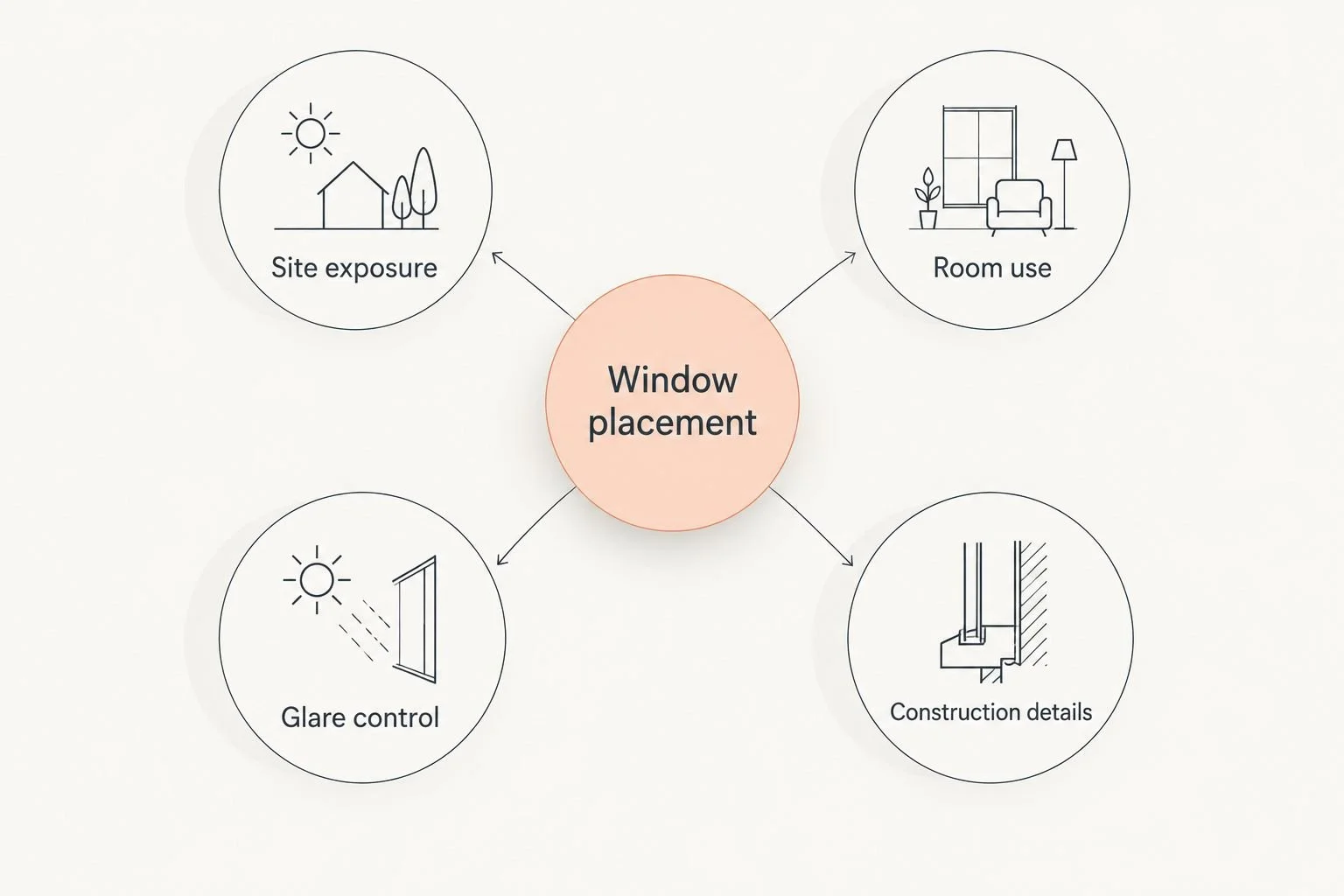 Window placement connected to site exposure, room use, glare control and construction details