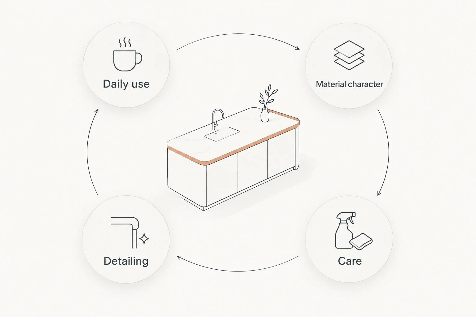 Four countertop selection considerations: daily use, material character, detailing and care