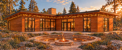 The Corsair Usonian-inspired single-level home design concept with horizontal proportions and natural wood