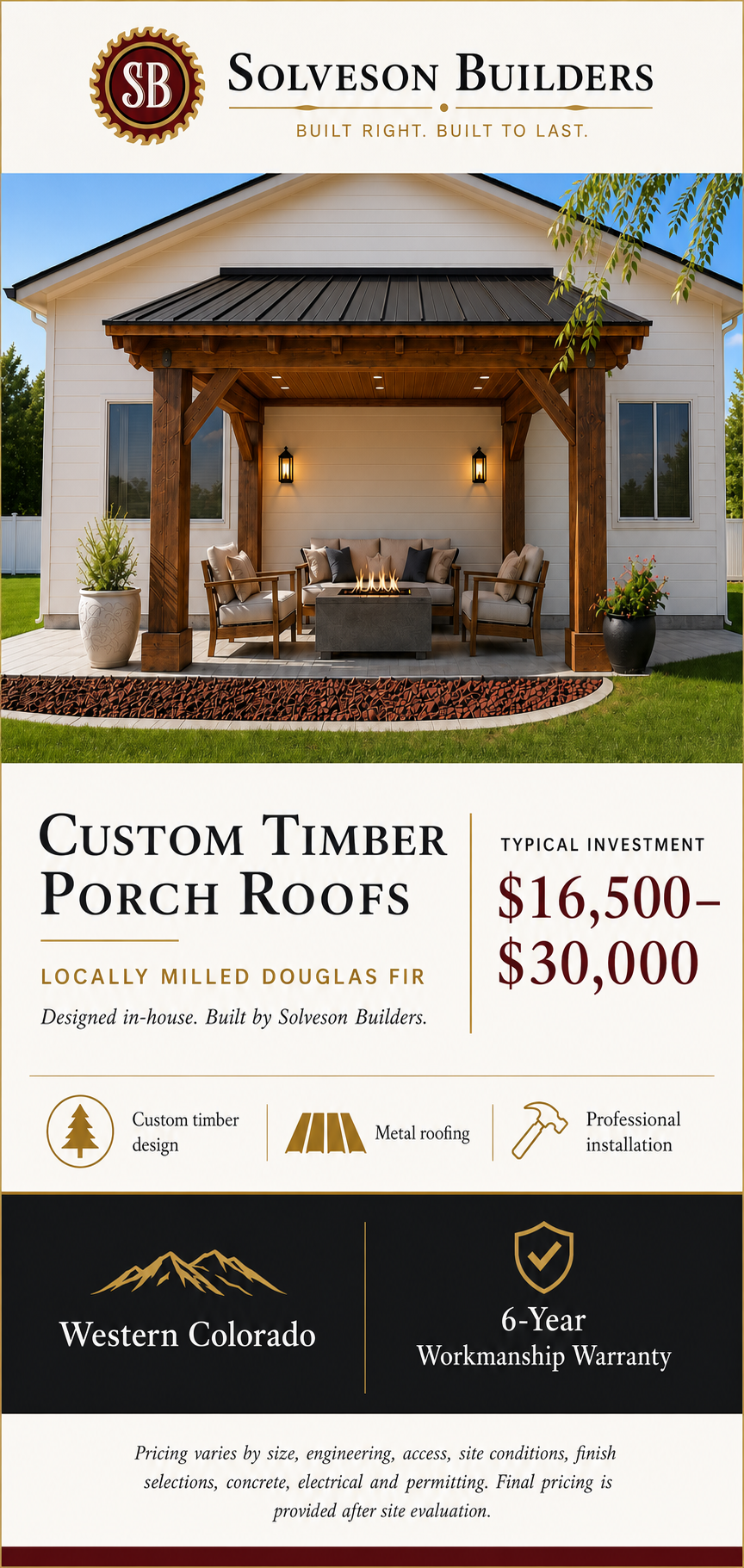 Custom timber porch roofs, designed in-house and built by Solveson Builders using locally milled Douglas fir. Featuring heavy timber craftsmanship and durable metal roofing, these structures create a beautiful, lasting outdoor living space. Typical i