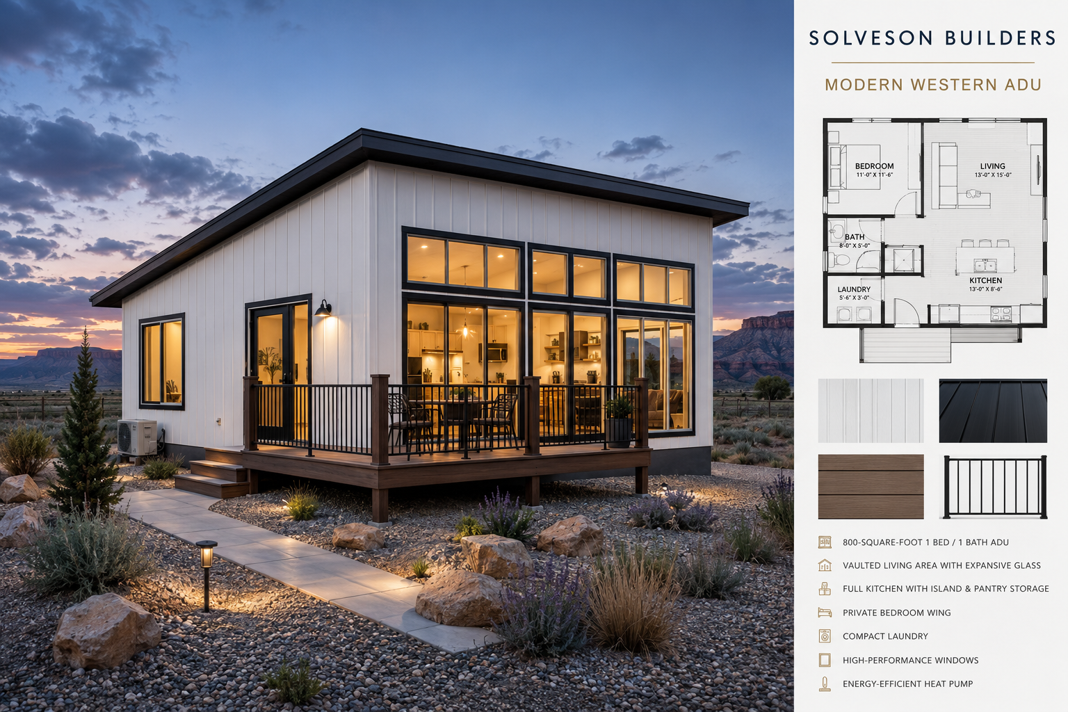 Modern Western ADU

A beautifully designed 800-square-foot detached ADU featuring one bedroom, one bathroom, a vaulted living area, full kitchen, laundry, expansive windows, and a private deck. Custom-built by Solveson Builders for comfortable living