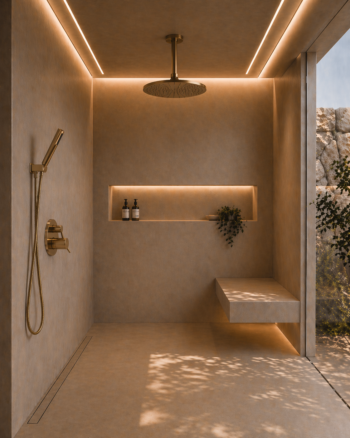 Custom bathroom design is one of top services.   This shows a rendering of our Microcement shower including floating bench, LED lighting, Delta Faucet rain shower head and giant LED niche to hold as much shampoo and Dr. Bronners soap as you need.  