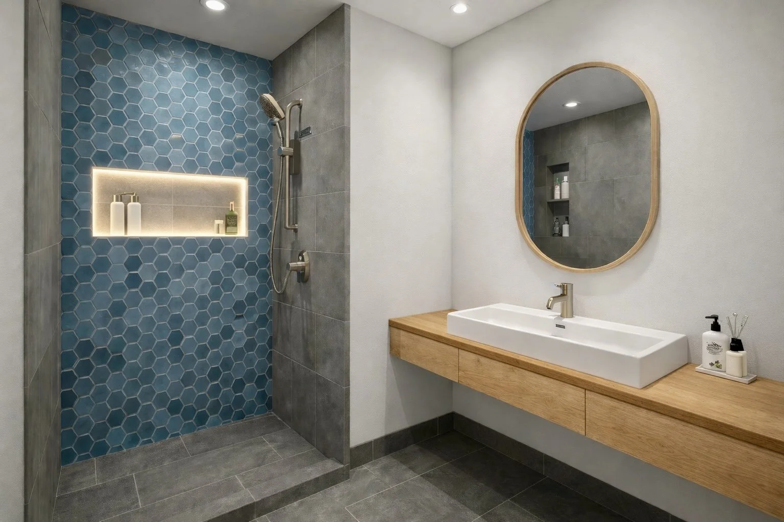 Rendering of our customers bathroom design.   Through many hours of design work with the customer, we decided on this final style.  We're here to help direct your vision into a reality.