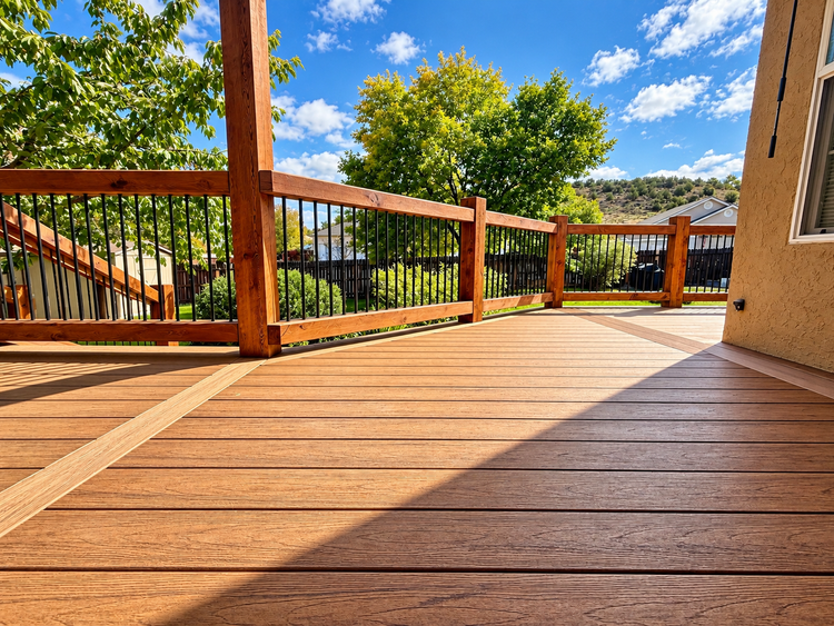 Redlands deck with TimberTech Antique Leather decking, Douglas fir guards and solid steel balusters.