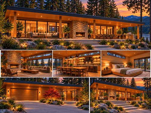 The Almanor design rendering, a Usonian-inspired home with warm natural materials