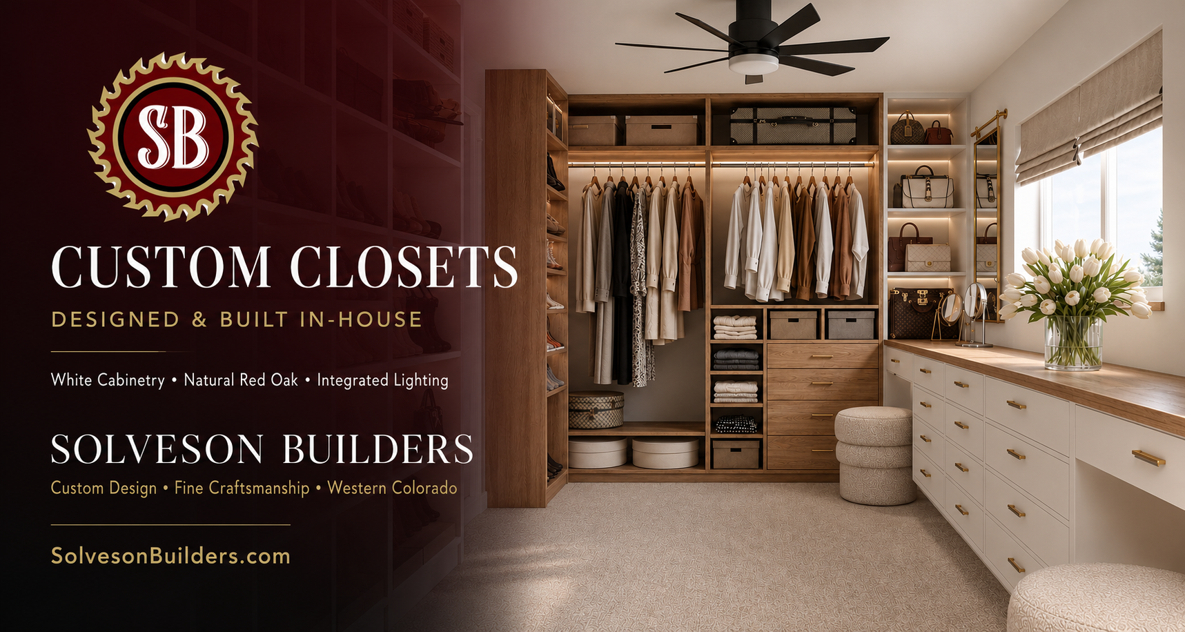 A luxury custom closet designed and built in-house by Solveson Builders. Featuring warm red oak, crisp white cabinetry, integrated lighting, premium hardware, and storage tailored to your space.