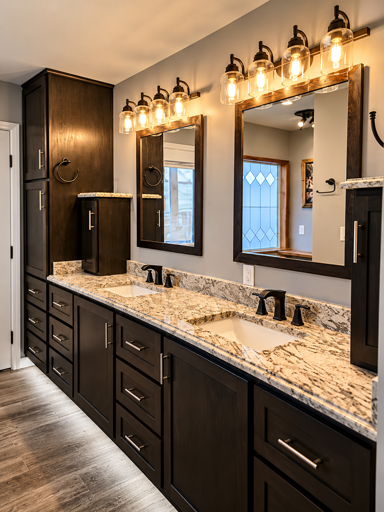 Fruita bathroom remodel with solid oak cabinetry and granite countertops.