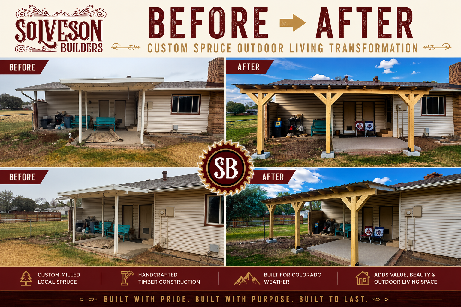 Custom design build Spruce porch roof.  Using locally sourced and milled spruce timbers and Delta, Colorado made roofing.  Bring life back to your backyard!
