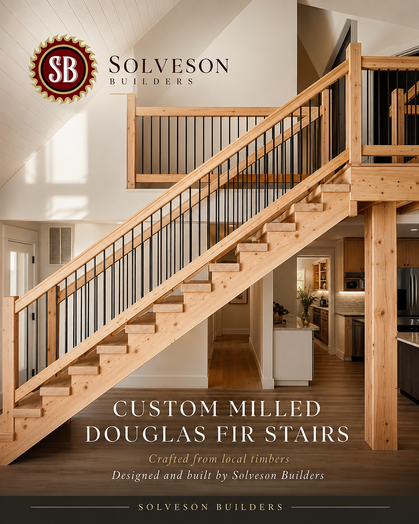 Custom design by Solveson Builders.  Locally harvested and milled Douglas Fir timber frame stairs.  These were built for a family in need of actual stairs to their nursery for their newborn baby.  They were climbing a ladder prior to this build.   Th