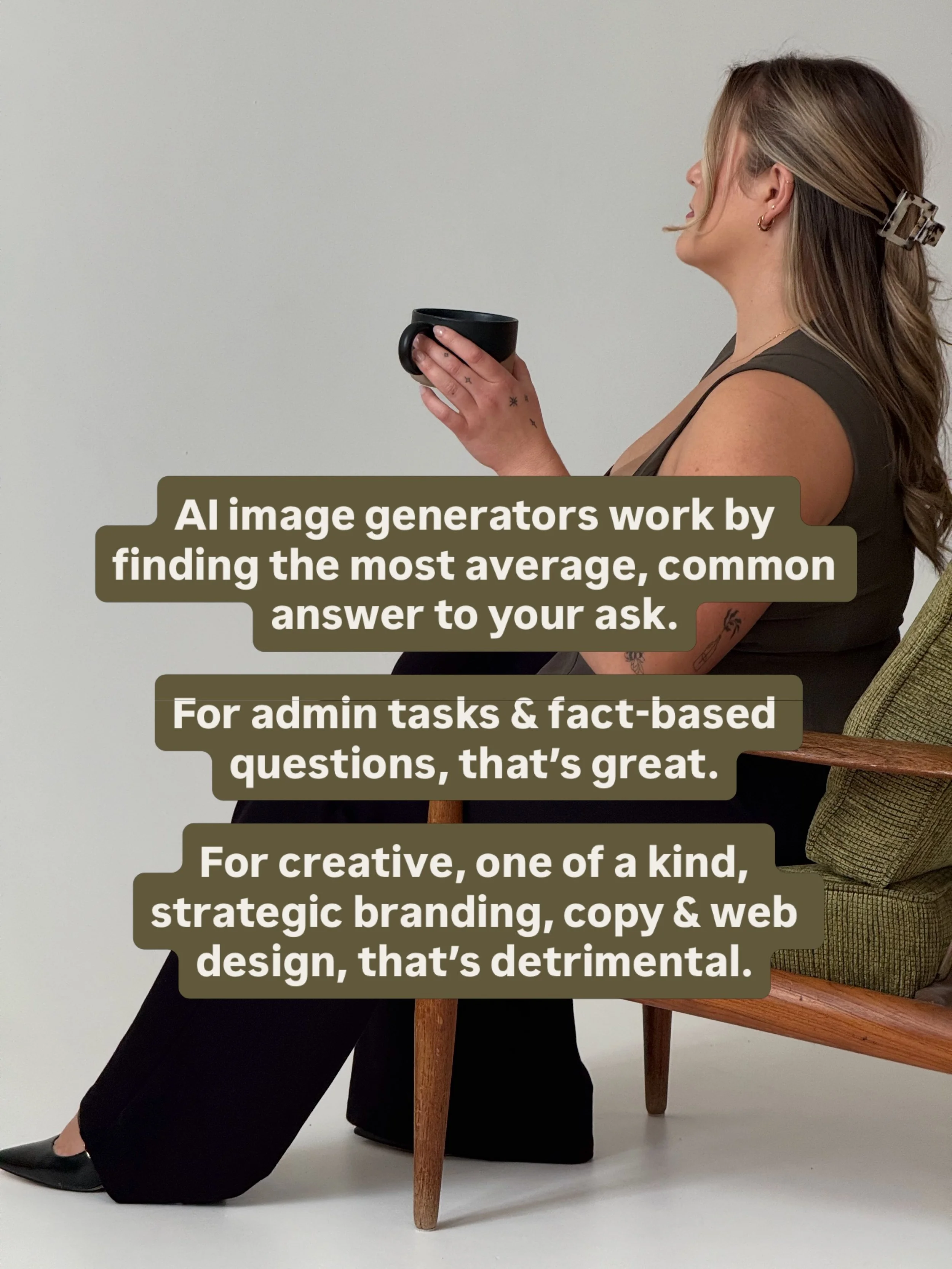 If you want a cheap, easy, generic face to your business, use AI. 

If you want a custom, beautiful, unique face to your business, hire a creative pro. 

#brandingtips #squarespacedesigner