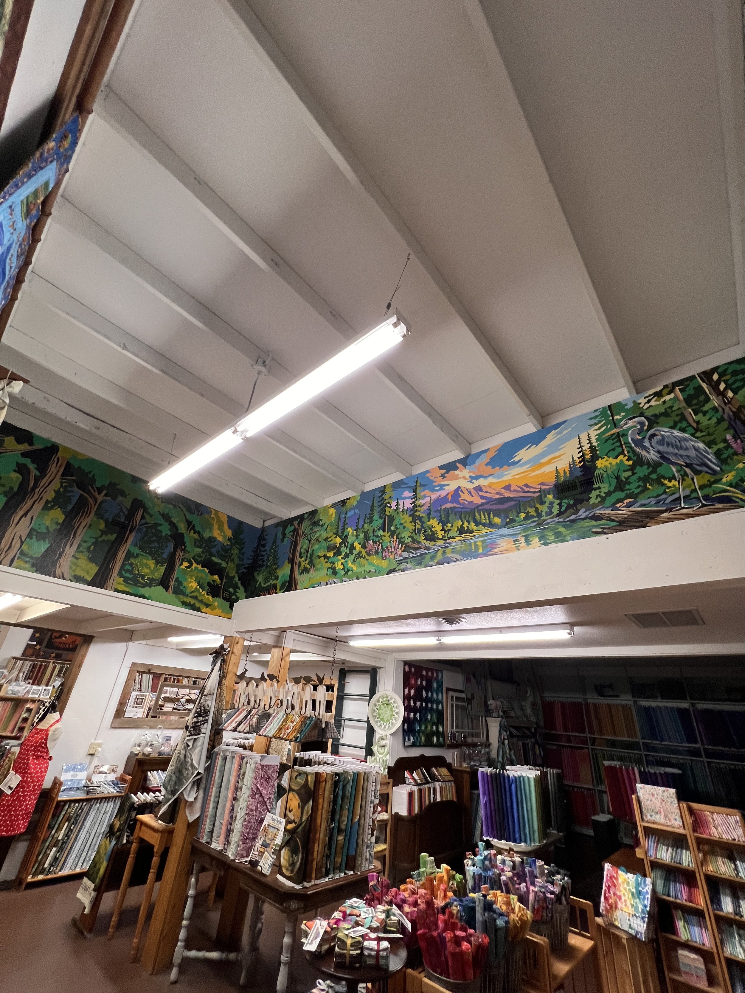 Full scene of the 25' W X 4' H Great Blue Heron Mural at Leavenworth Quilt Co (but not the best photo representation)