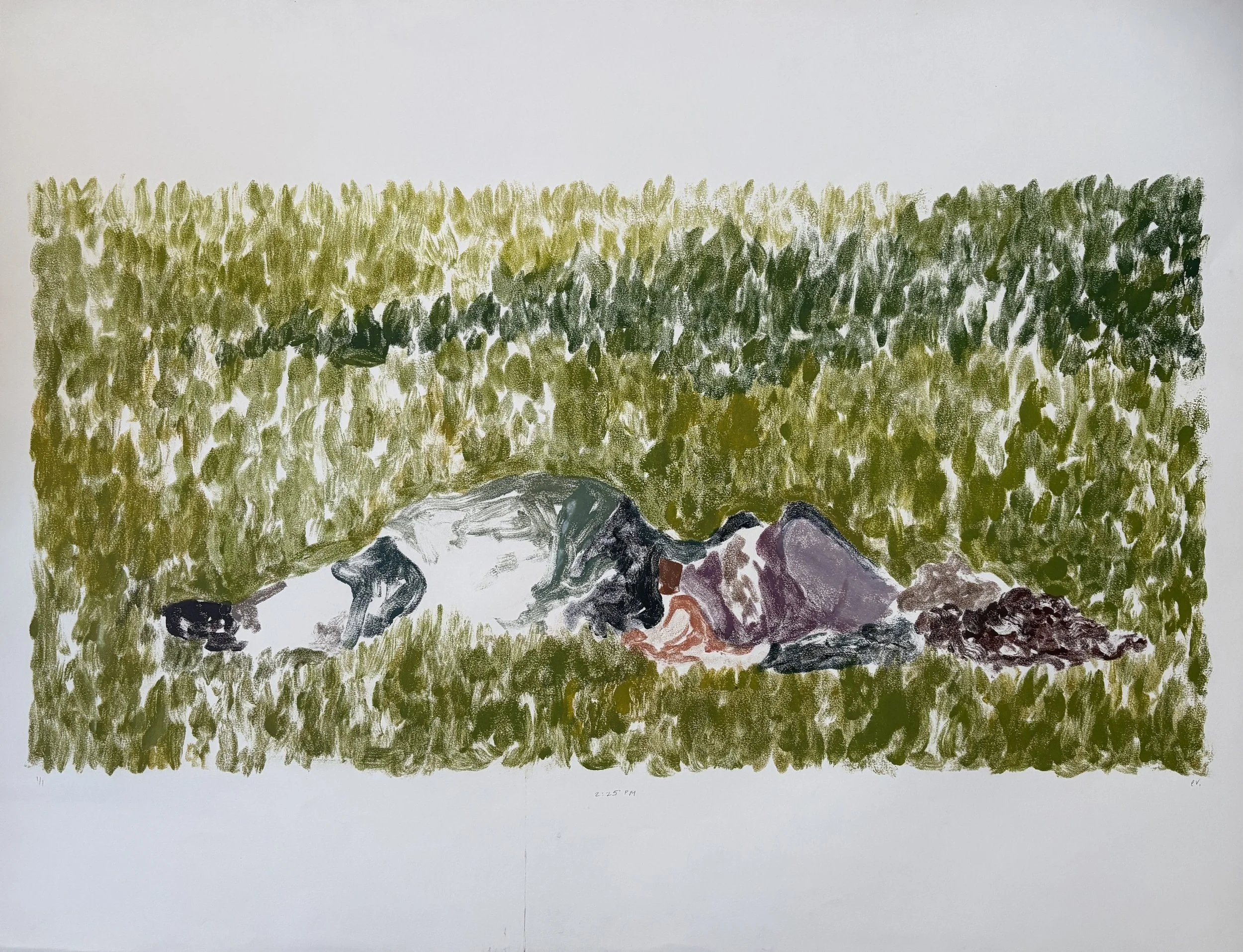 2:25pm. Monotype with relief ink, 33x25in, 2024.