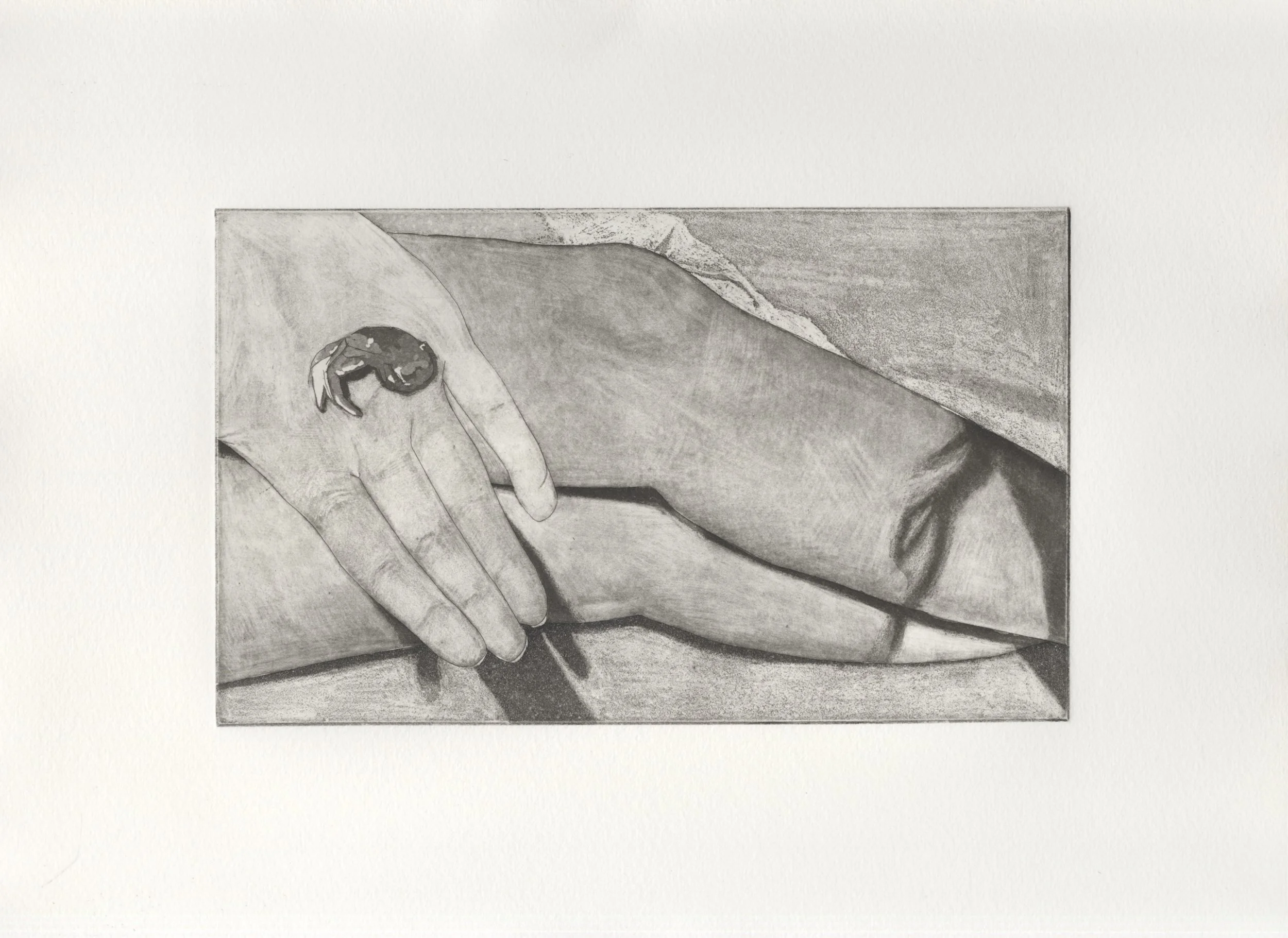 Out for the Count. Line etching and burnished aquatint, 14x10in, 2024.