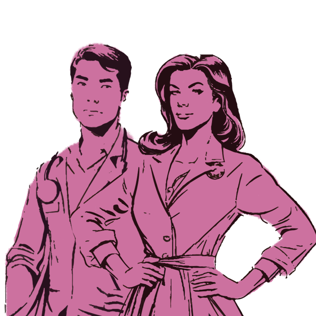 Illustration of a man and woman physician standing confidently side by side, with the woman placing her hand on her hip.