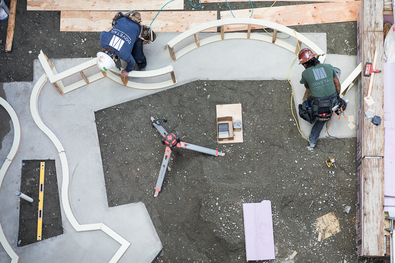  CNC routed formwork is set in place by Dovetail’s concrete team in preparation for the pouring of a curved water feature.  