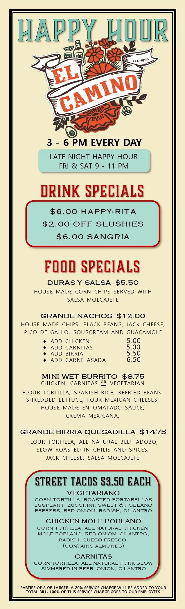 spring 2026 happy hour menu El Camino in Fremont Seattle