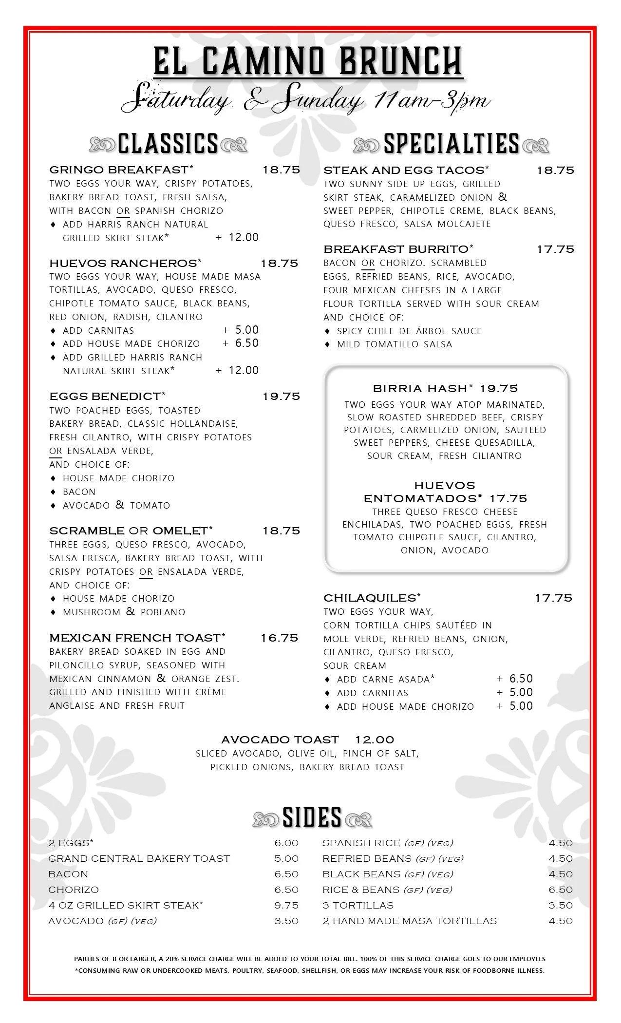 El Camino Weekend Brunch Menu in Fremont Seattle
