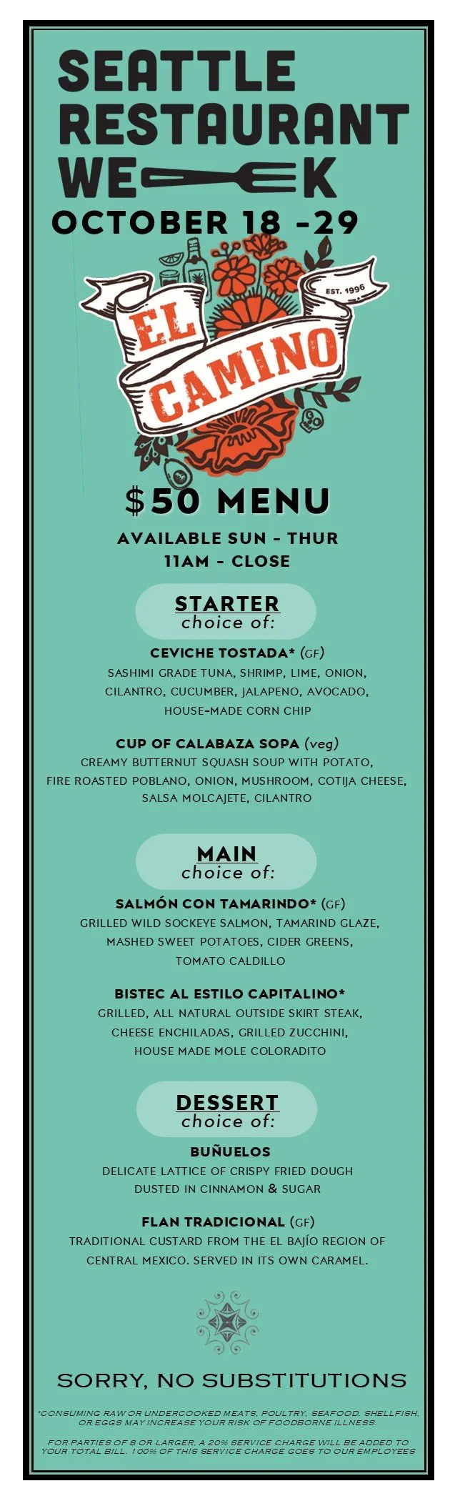 seattle restaurant week el camino dinner menu fall 2026