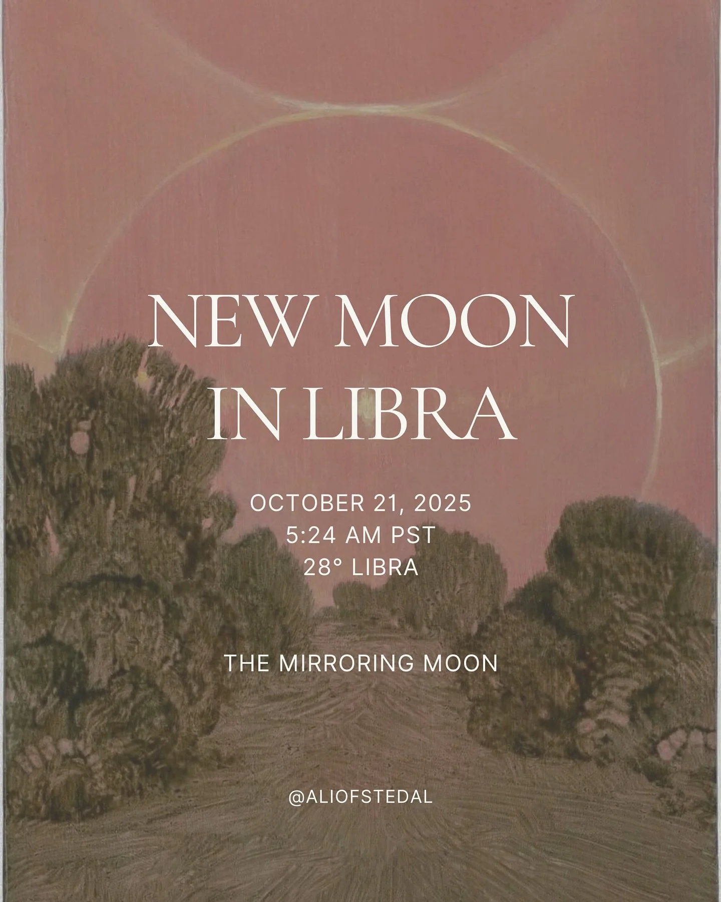 A Libra New Moon
October 21st at 5:24 am pst 
28&deg; Libra 

The ending of Eclipse Season.
A rebalancing of heart, mind, and relationship before we enter the depths of Scorpio season.

This lunation at 28&deg; Libra
invites a full nervous-system res