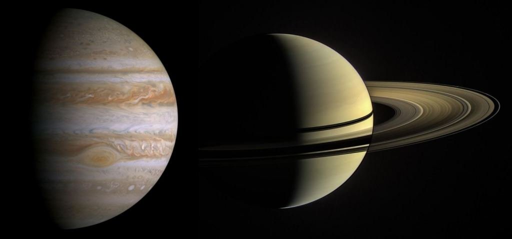 The Jupiter and Saturn great conjunction, December 2020; occurs roughly every 20 years when Earth, Jupiter, and Saturn are all aligned.