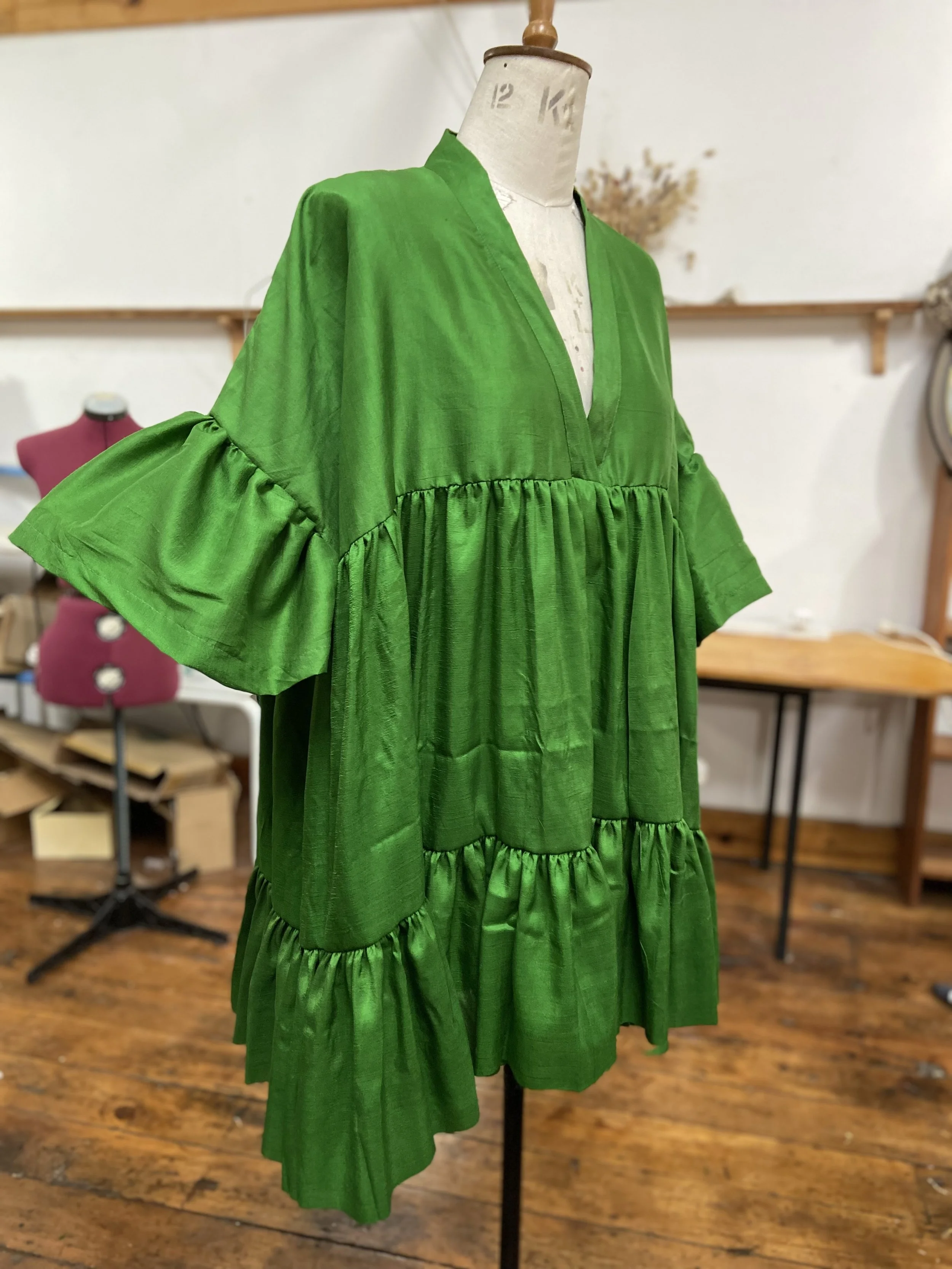 Helena Dress Green Silk Ruffle Open Size