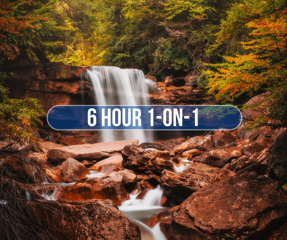 Waterfall in a forest with rocks and trees showing fall colors, overlaid with text '6 Hour 1-On-1'.