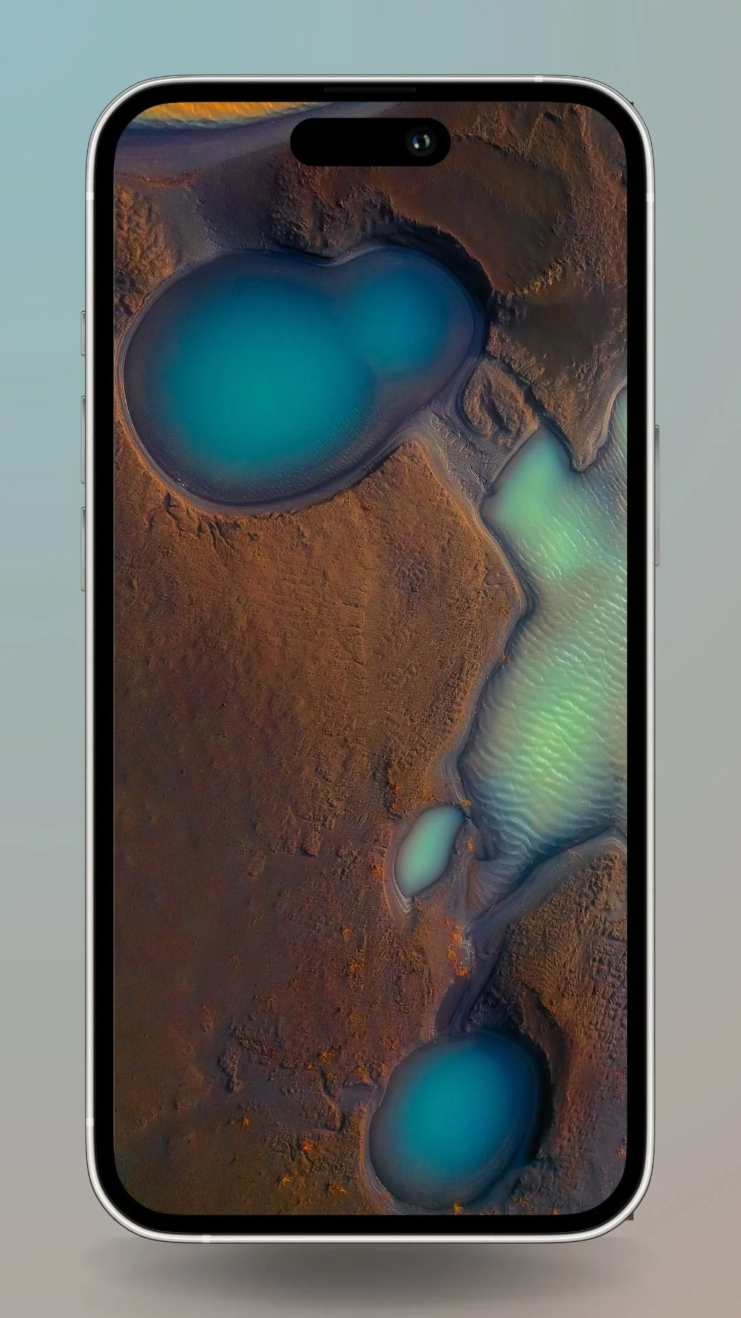 Aerial shot of glaciated river puddles in Iceland, showcasing a mix of turquoise and brown hues. Available for smartphone wallpaper download.