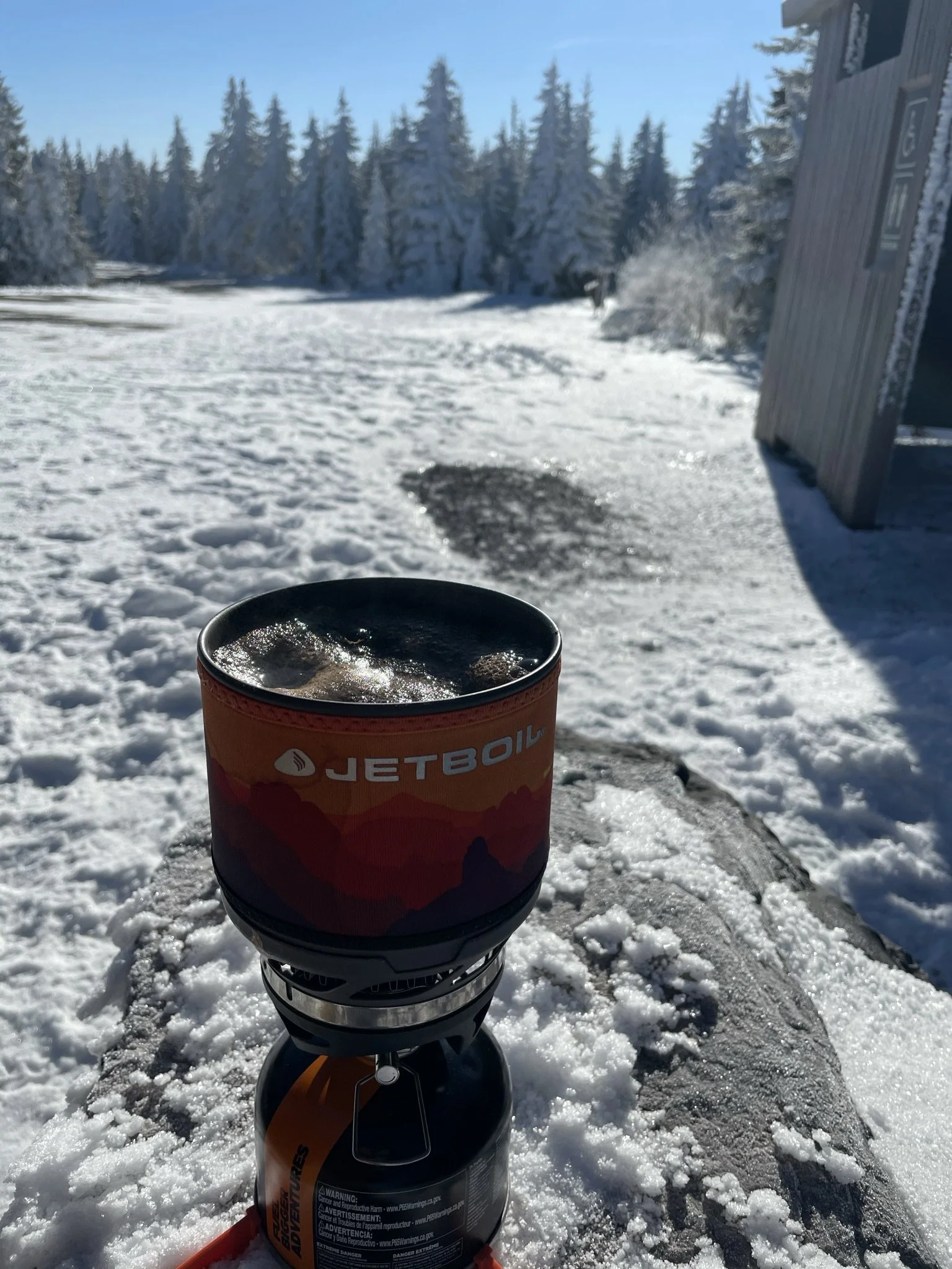 A cup of hot coffee on a log outdoors in a snowy landscape with trees and a blue sky.