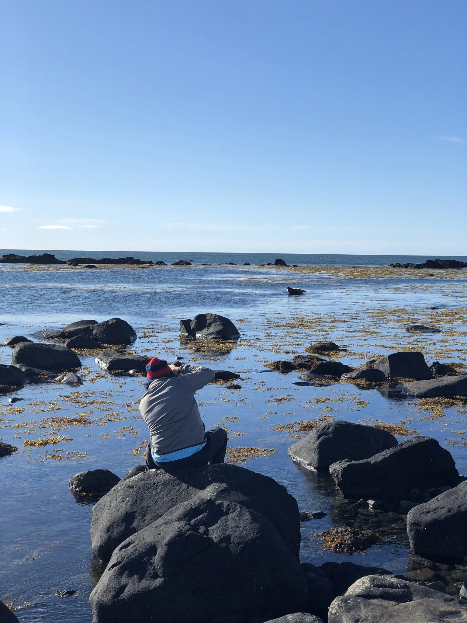 Person sitting on large rocks near the shoreline of a calm ocean, taking a photograph with a camera, under a clear blue sky.