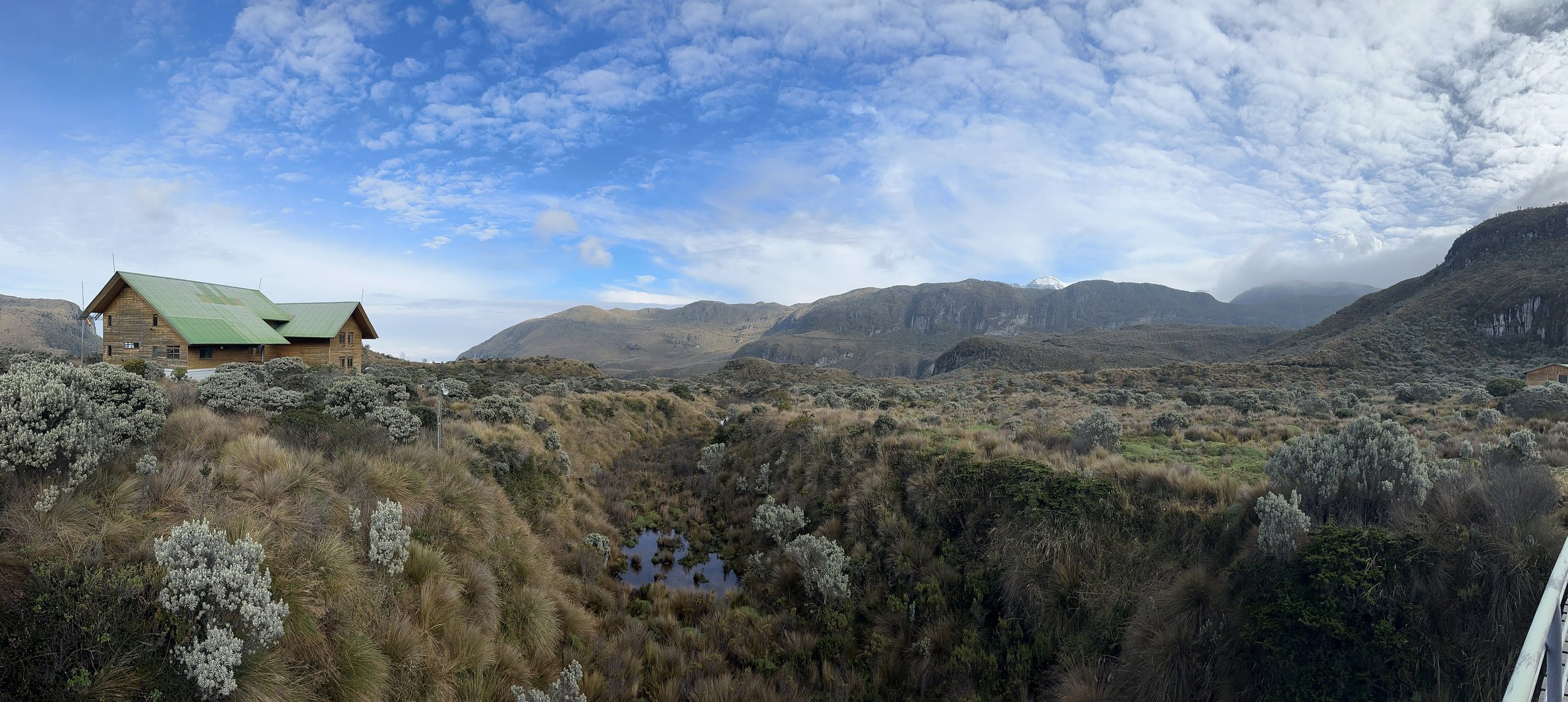 Scenic landscape with a wooden house with a green metal roof, surrounded by rugged bushes and mountains under a partly cloudy sky.