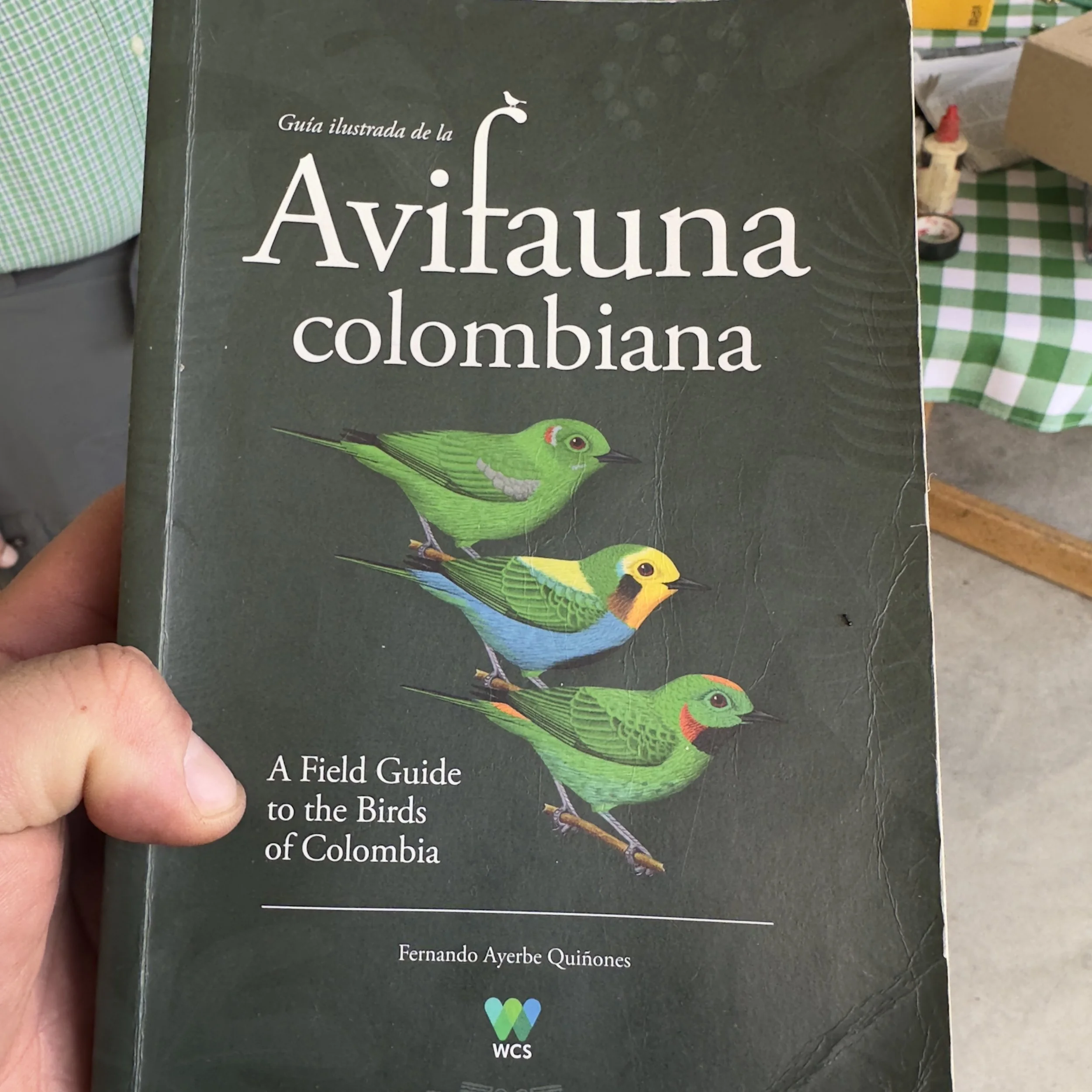 A book titled 'Guía ilustrada de la Avifauna colombiana' with illustrations of colorful birds on the cover, being held in a person's hand.