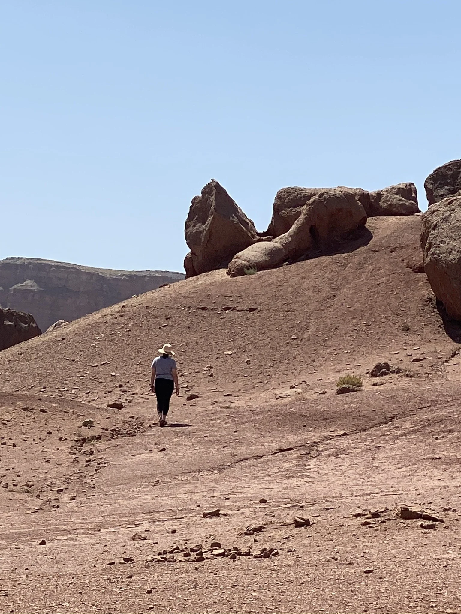 A person walking on a desert trail with large rocks and a clear blue sky in the background.