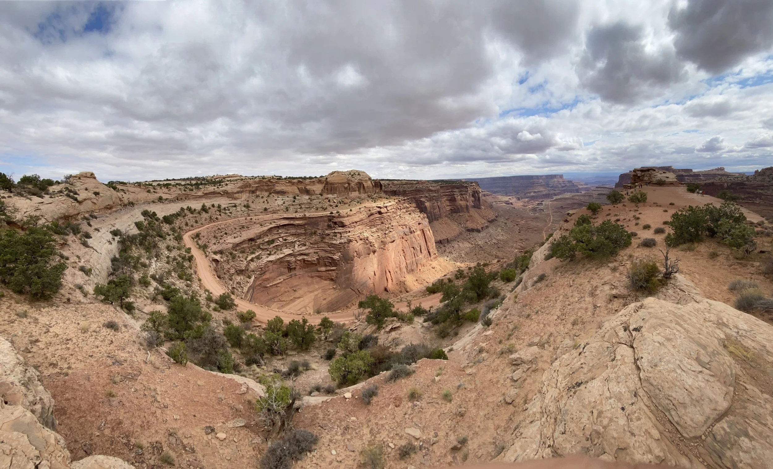 A vast desert landscape with layered red and brown sandstone formations, sparse green bushes, and a dirt road winding through the canyon under a cloudy sky.