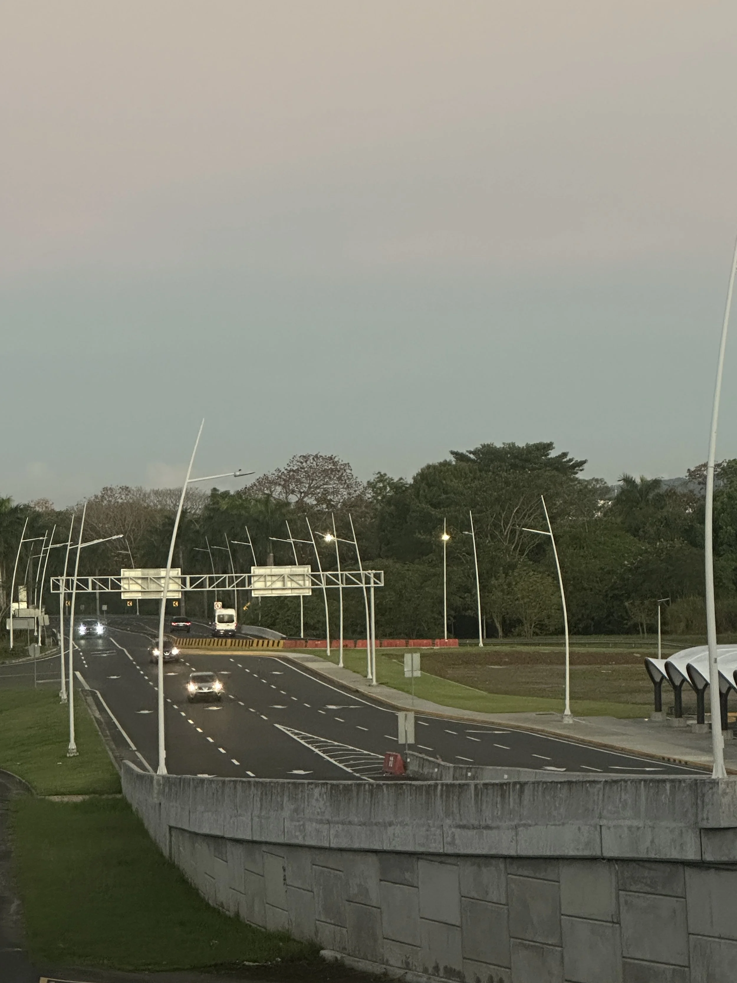 A roadway with multiple lanes, streetlights, and several cars driving on it. There are trees and a grassy area in the background, with some overcast sky.