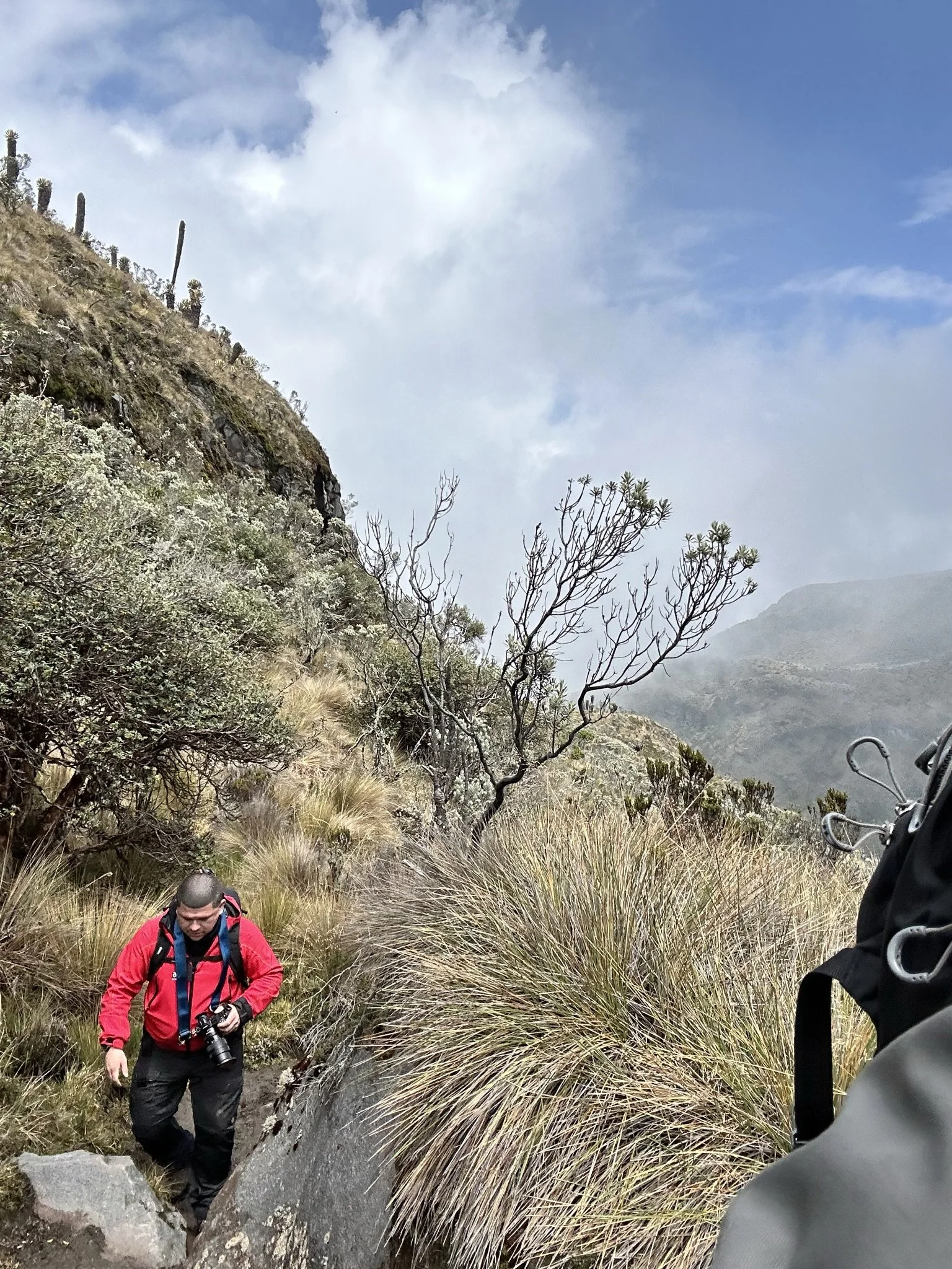 A hiker wearing a red jacket and black pants climbing a rocky trail with a camera hanging around his neck, surrounded by tall grass and sparse bushes on a mountain trail with cloudy sky.