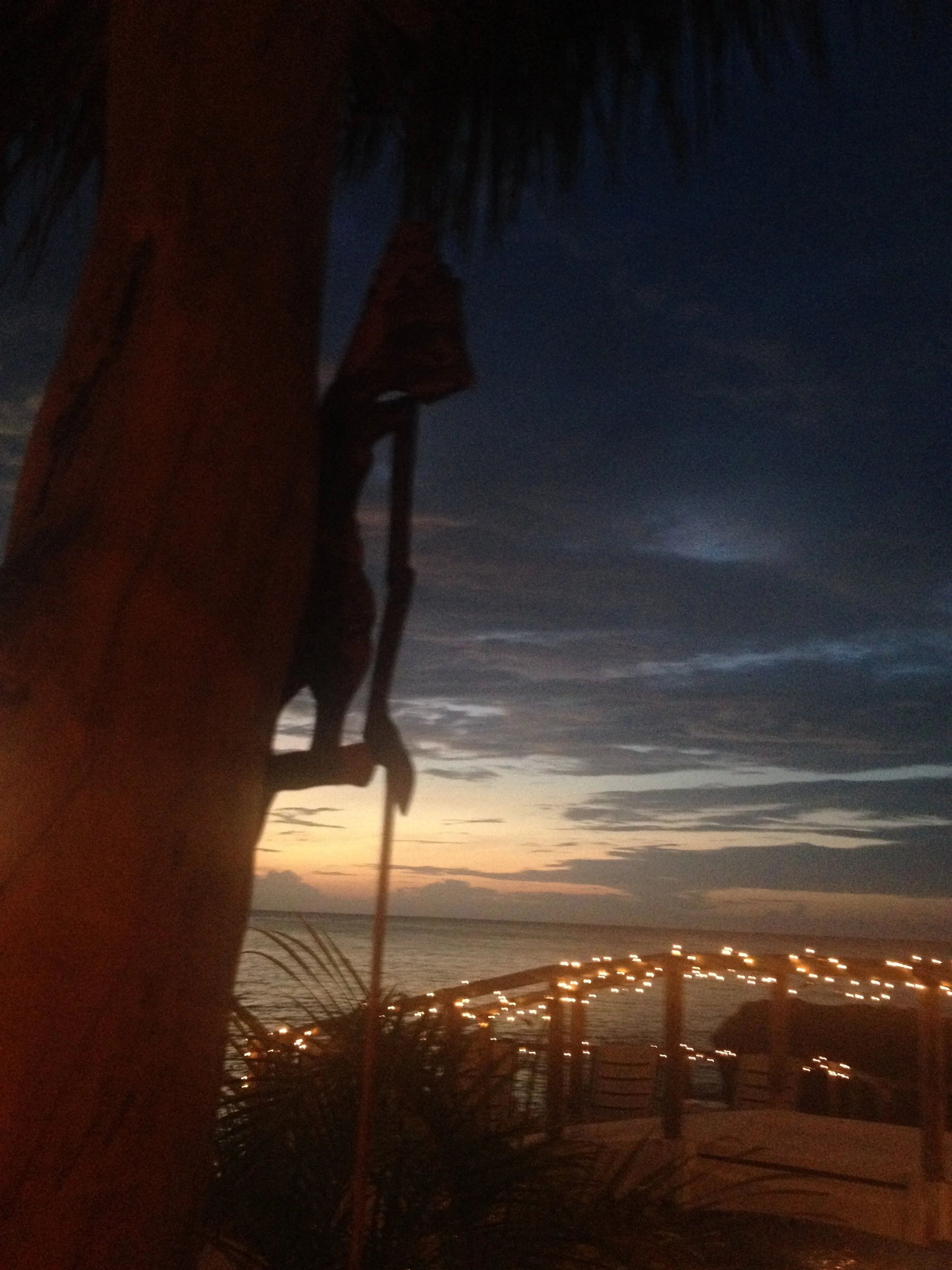 Sunset over the ocean seen from a deck with string lights, palm trees, and a silhouette of a hanging decoration.