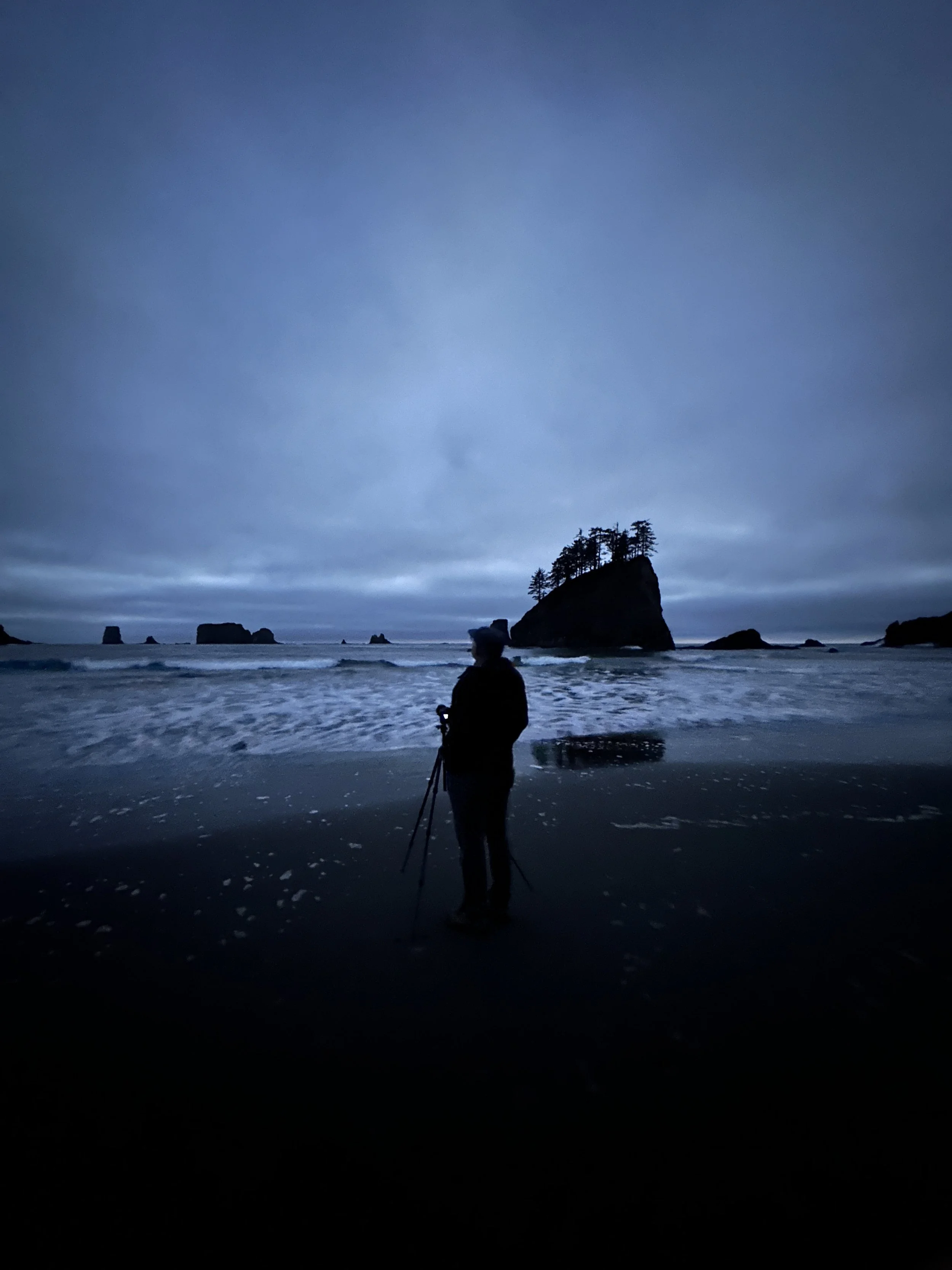 A person standing on the beach at dusk, holding a camera or phone, with rocky formations and a large island with trees in the background, under a cloudy sky.