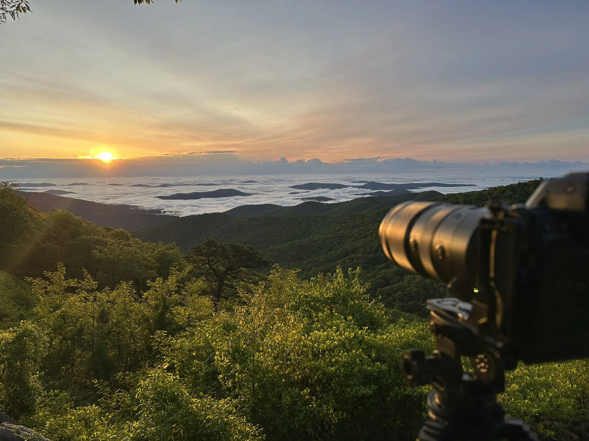 Sunset over a mountain range with clouds in the sky, a forested hillside in the foreground, and a camera mounted on a tripod capturing the scene.