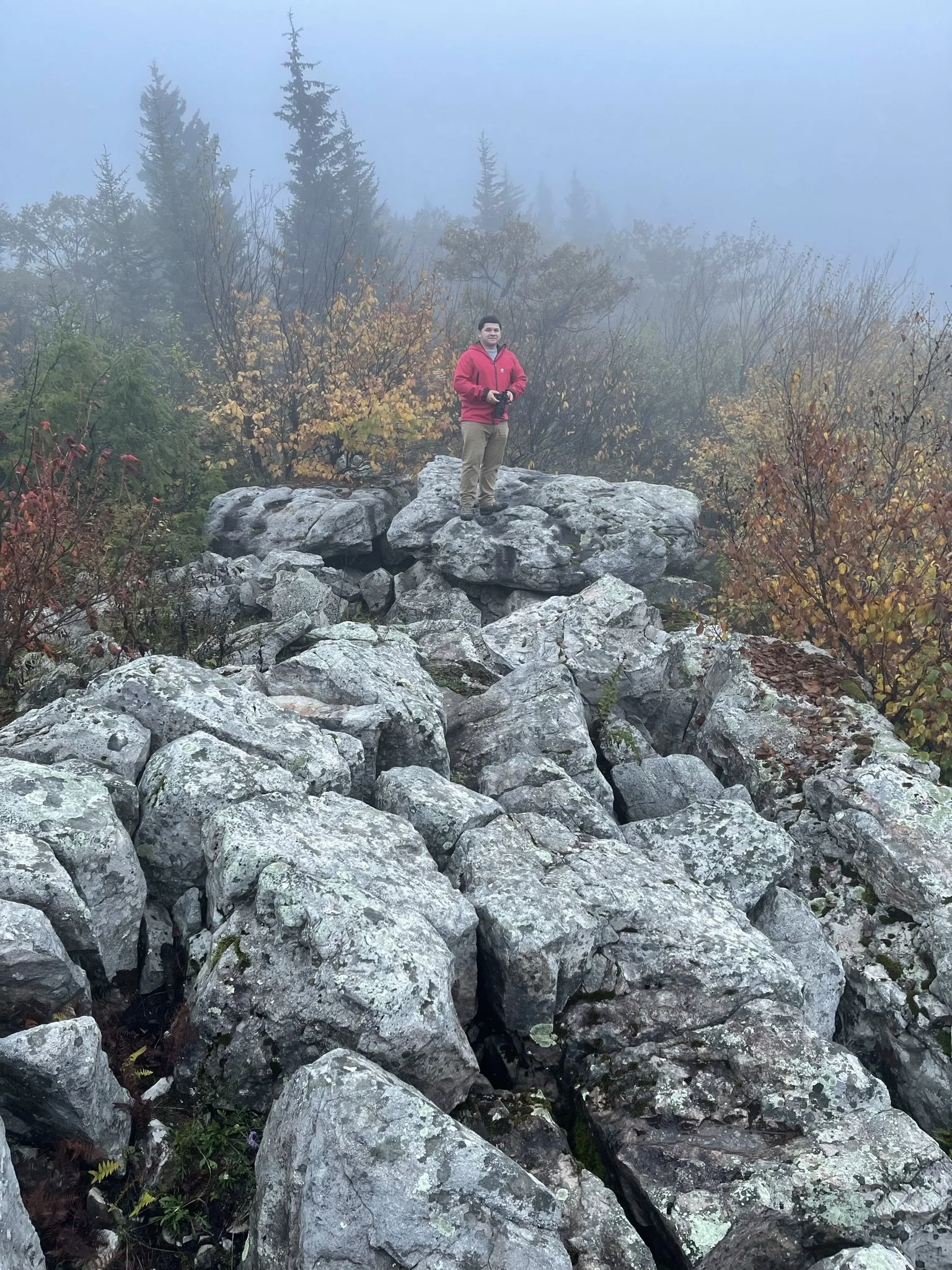 A man standing on large rocks in a foggy forest with autumn trees in the background.