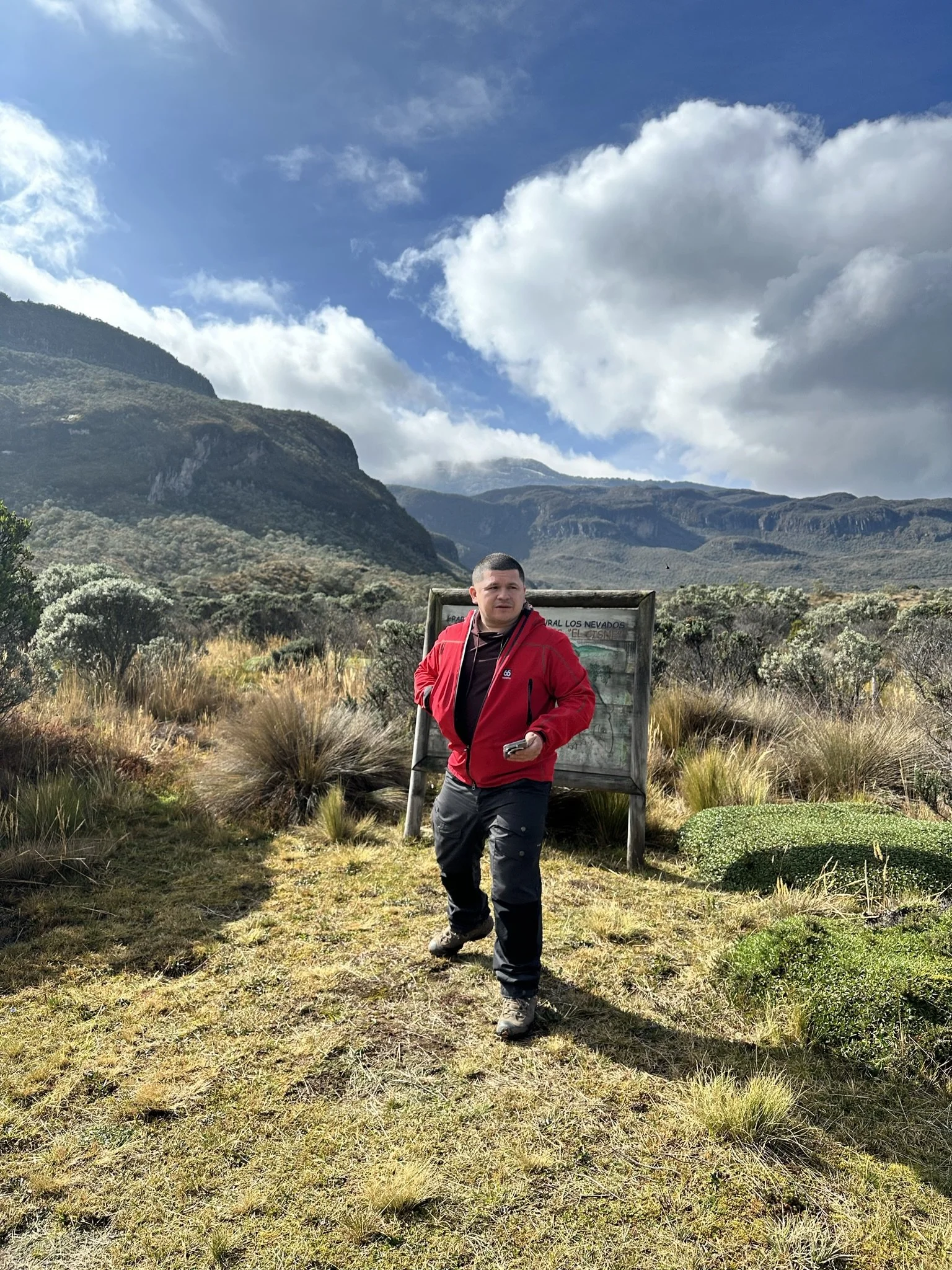 Man in red jacket walking outdoors on grassy trail surrounded by shrubs and mountains, under partly cloudy sky.