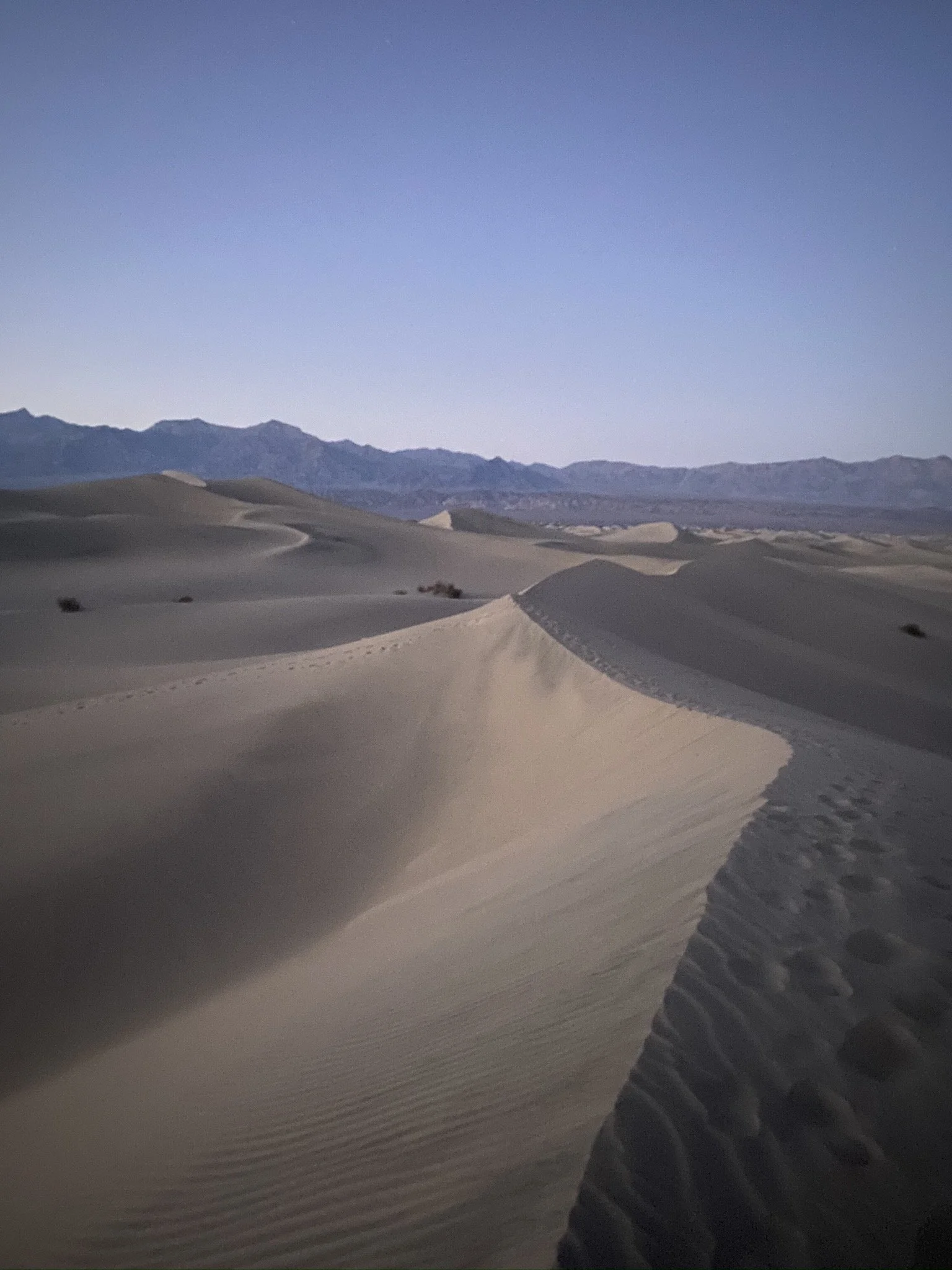Sand dunes in a desert with mountains in the background and a clear blue sky.