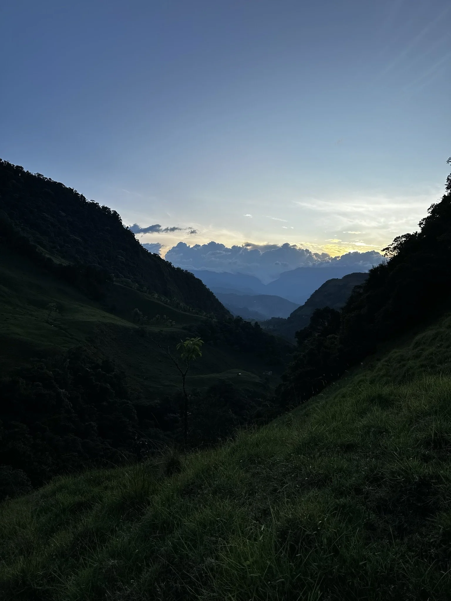 A view of a mountain valley at sunset with trees and rolling hills, and a sky with clouds